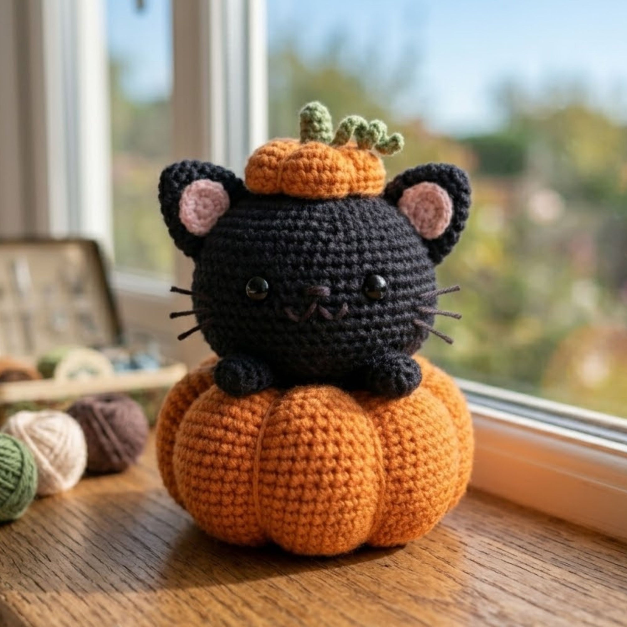 Cute Crochet Black Cat Pumpkin Plush, Kawaii Amigurumi Halloween Kitty Doll, Handmade Fall Nursery Decor Gift, Soft Stuffed Toy Sizes 4-12in