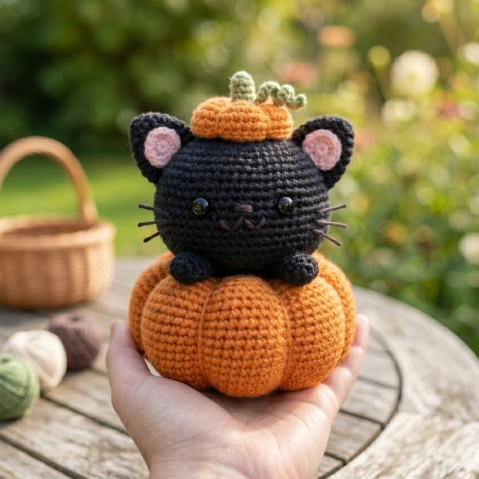 Cute Crochet Black Cat Pumpkin Plush, Kawaii Amigurumi Halloween Kitty Doll, Handmade Fall Nursery Decor Gift, Soft Stuffed Toy Sizes 4-12in