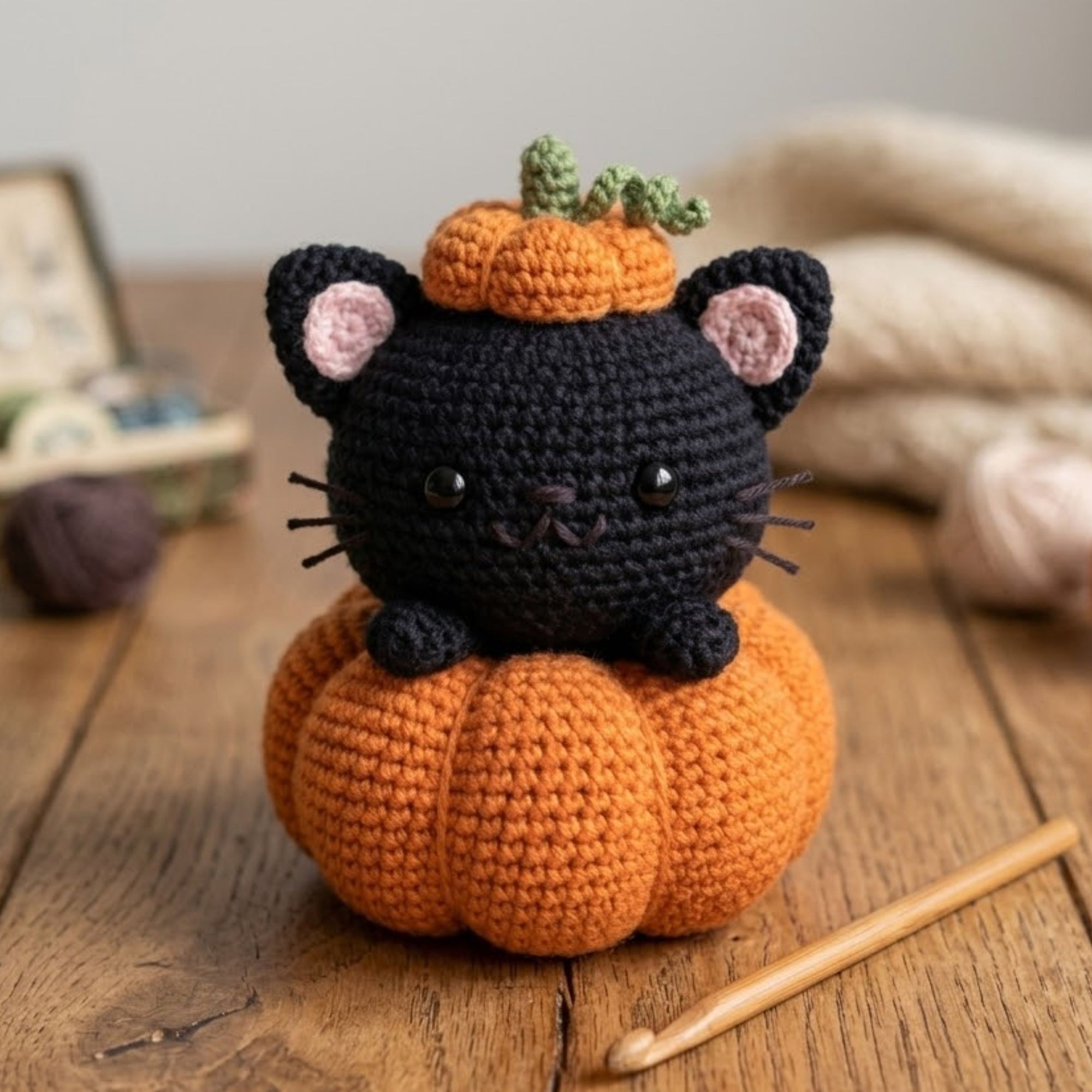 Cute Crochet Black Cat Pumpkin Plush, Kawaii Amigurumi Halloween Kitty Doll, Handmade Fall Nursery Decor Gift, Soft Stuffed Toy Sizes 4-12in