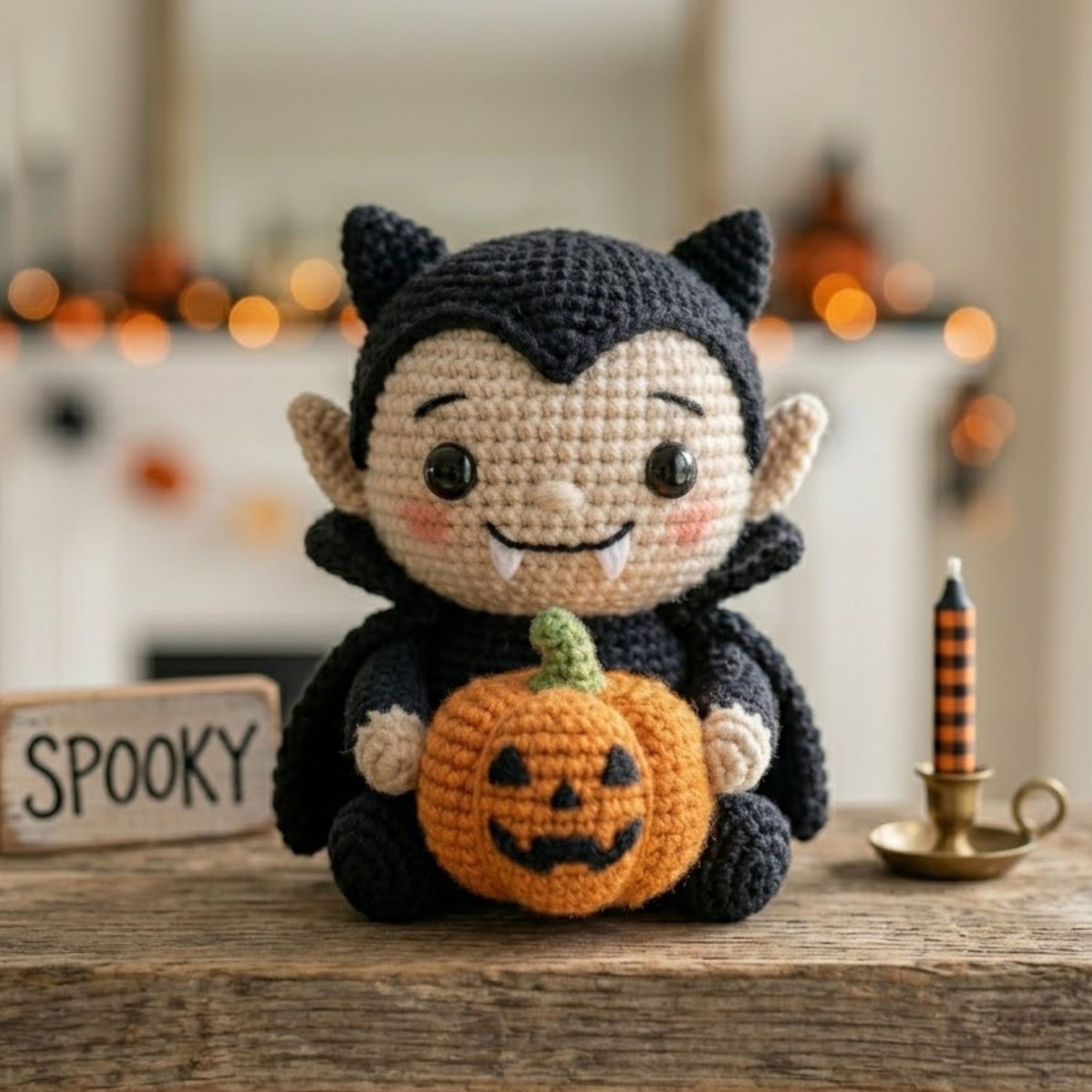 Cute Crochet Vampire Boy Plush with Pumpkin, Kawaii Amigurumi Halloween Doll, Handmade Spooky Nursery Decor Gift, Soft Toy Sizes 4-12in