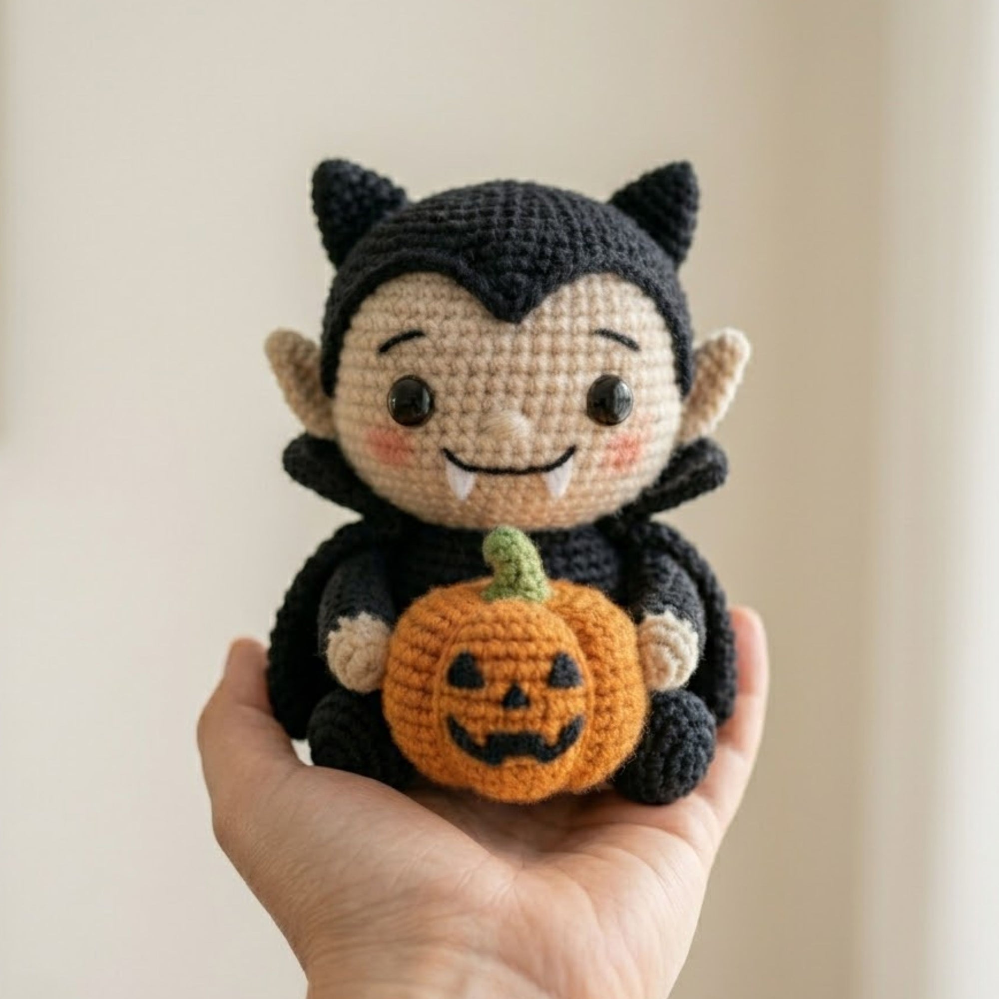 Cute Crochet Vampire Boy Plush with Pumpkin, Kawaii Amigurumi Halloween Doll, Handmade Spooky Nursery Decor Gift, Soft Toy Sizes 4-12in