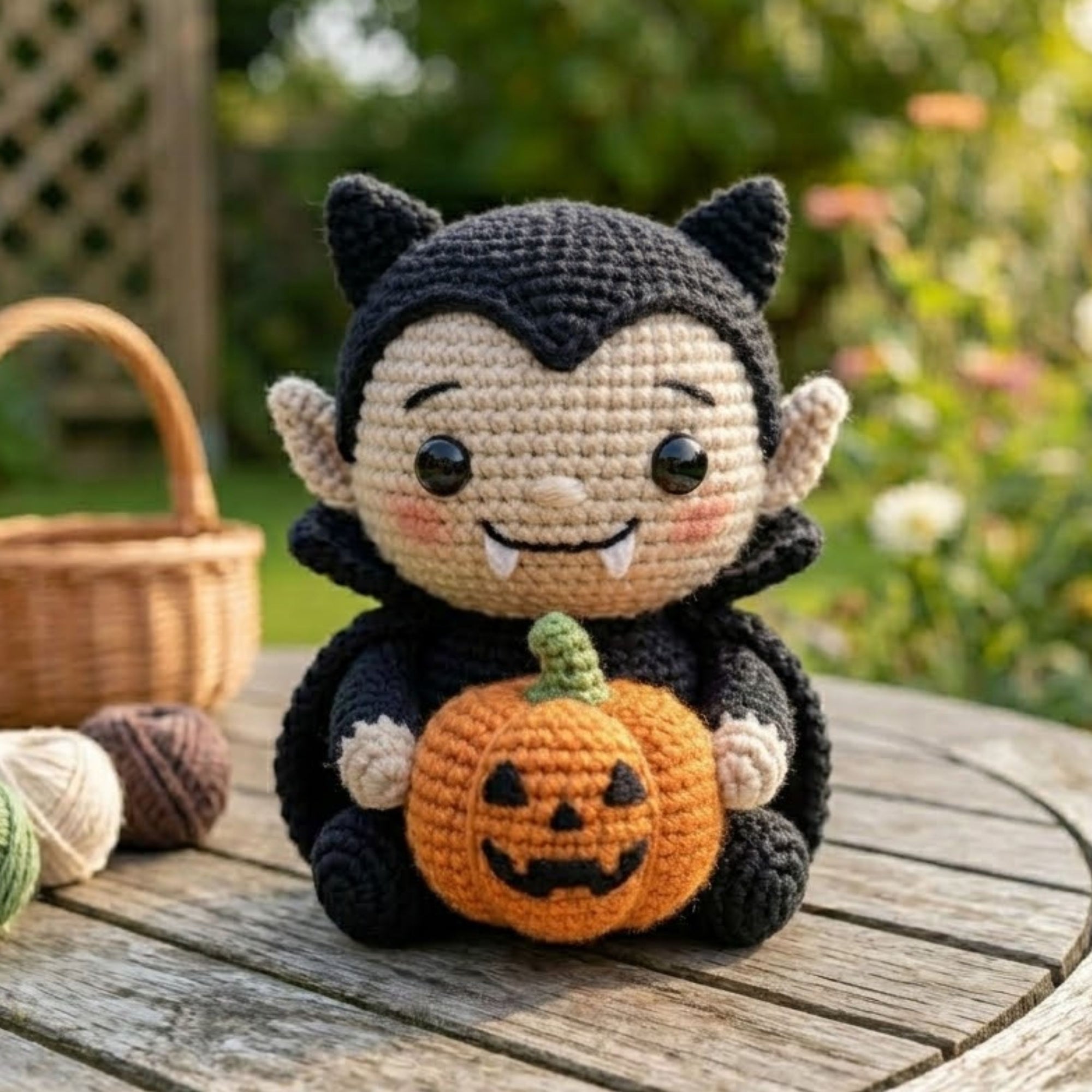 Cute Crochet Vampire Boy Plush with Pumpkin, Kawaii Amigurumi Halloween Doll, Handmade Spooky Nursery Decor Gift, Soft Toy Sizes 4-12in