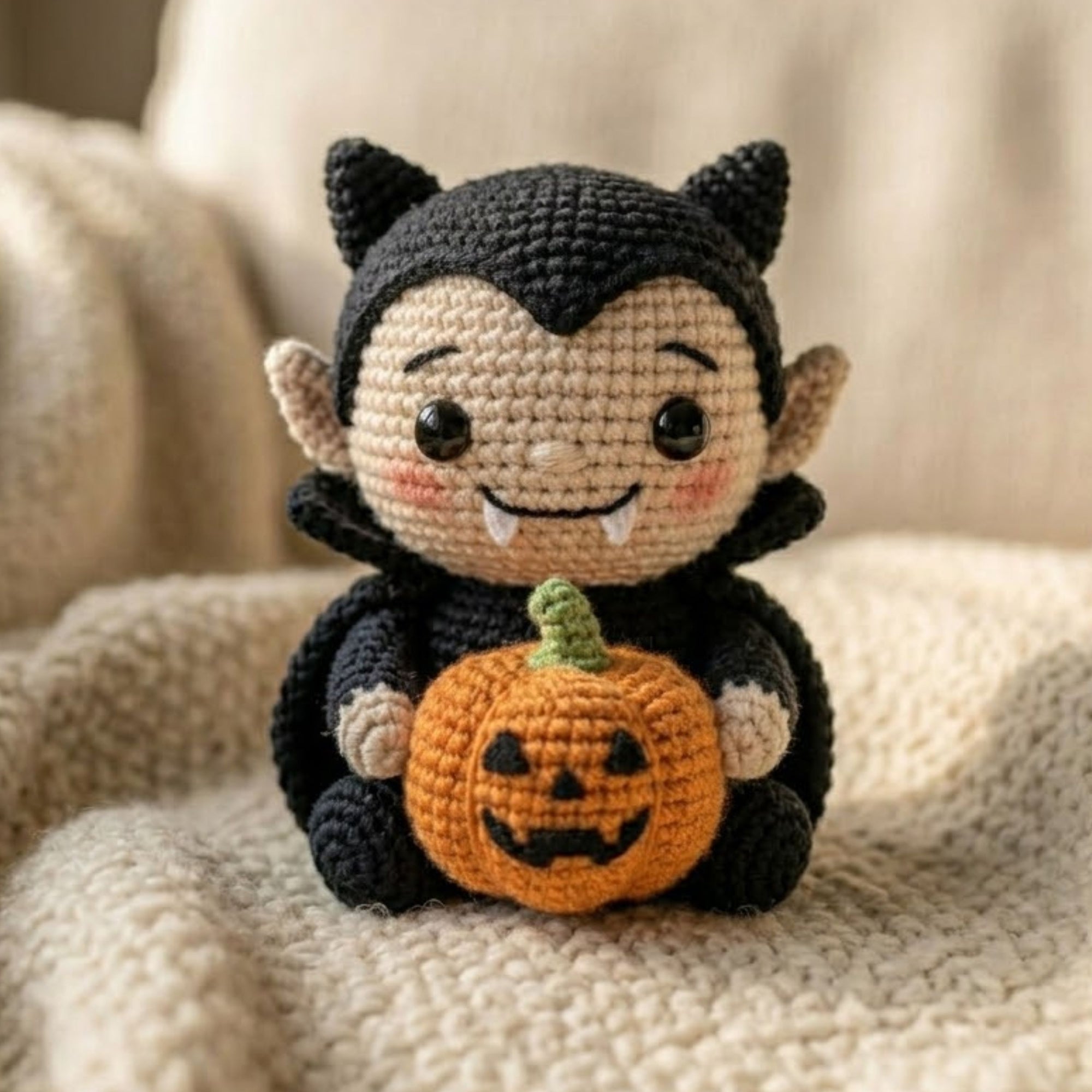 Cute Crochet Vampire Boy Plush with Pumpkin, Kawaii Amigurumi Halloween Doll, Handmade Spooky Nursery Decor Gift, Soft Toy Sizes 4-12in