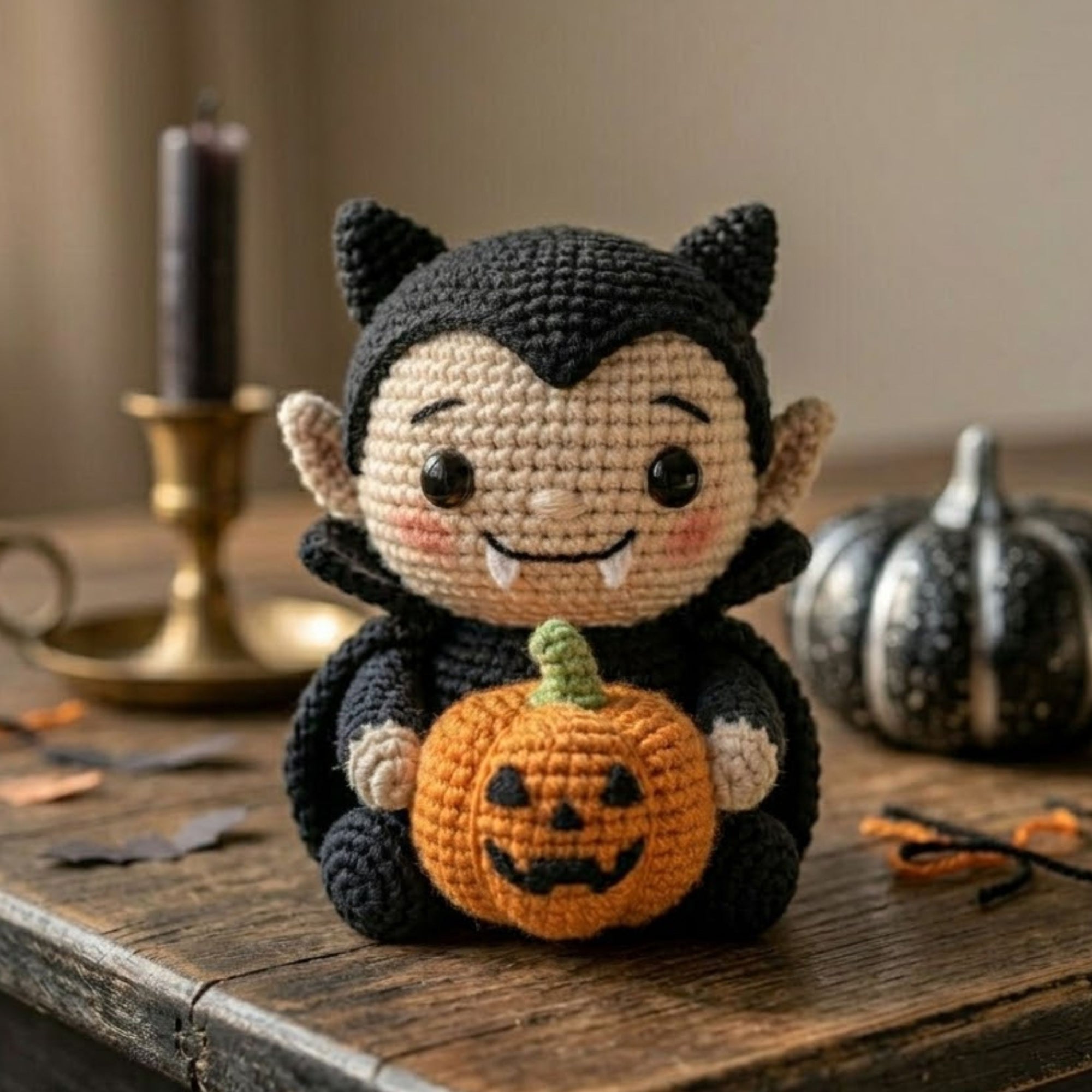 Cute Crochet Vampire Boy Plush with Pumpkin, Kawaii Amigurumi Halloween Doll, Handmade Spooky Nursery Decor Gift, Soft Toy Sizes 4-12in