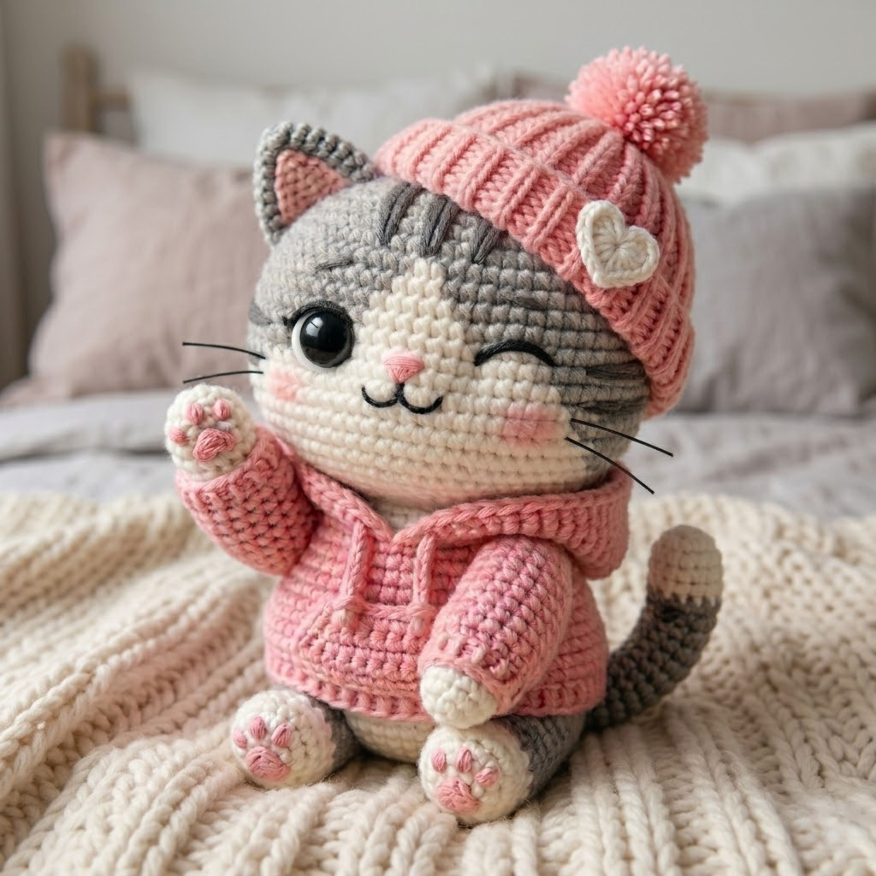 Cute Crochet Winter Cat Plush in Pink Hat and Hoodie, Kawaii Amigurumi Kitty Doll, Handmade Nursery Decor Gift, Cozy Soft Plush Sizes 4-12in