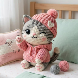 Cute Crochet Winter Cat Plush in Pink Hat and Hoodie, Kawaii Amigurumi Kitty Doll, Handmade Nursery Decor Gift, Cozy Soft Plush Sizes 4-12in
