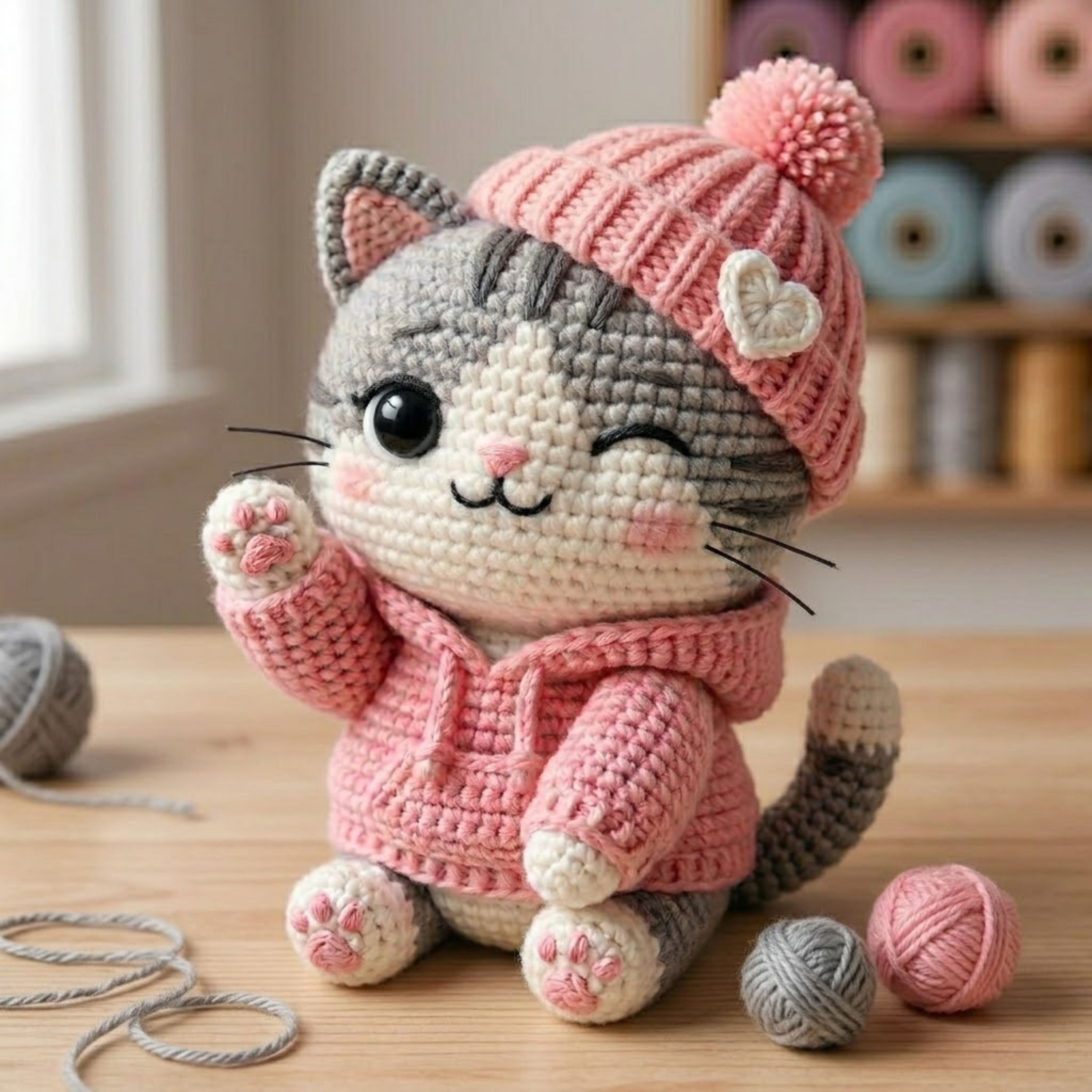 Cute Crochet Winter Cat Plush in Pink Hat and Hoodie, Kawaii Amigurumi Kitty Doll, Handmade Nursery Decor Gift, Cozy Soft Plush Sizes 4-12in