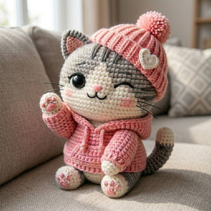 Cute Crochet Winter Cat Plush in Pink Hat and Hoodie, Kawaii Amigurumi Kitty Doll, Handmade Nursery Decor Gift, Cozy Soft Plush Sizes 4-12in