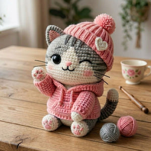 Cute Crochet Winter Cat Plush in Pink Hat and Hoodie, Kawaii Amigurumi Kitty Doll, Handmade Nursery Decor Gift, Cozy Soft Plush Sizes 4-12in