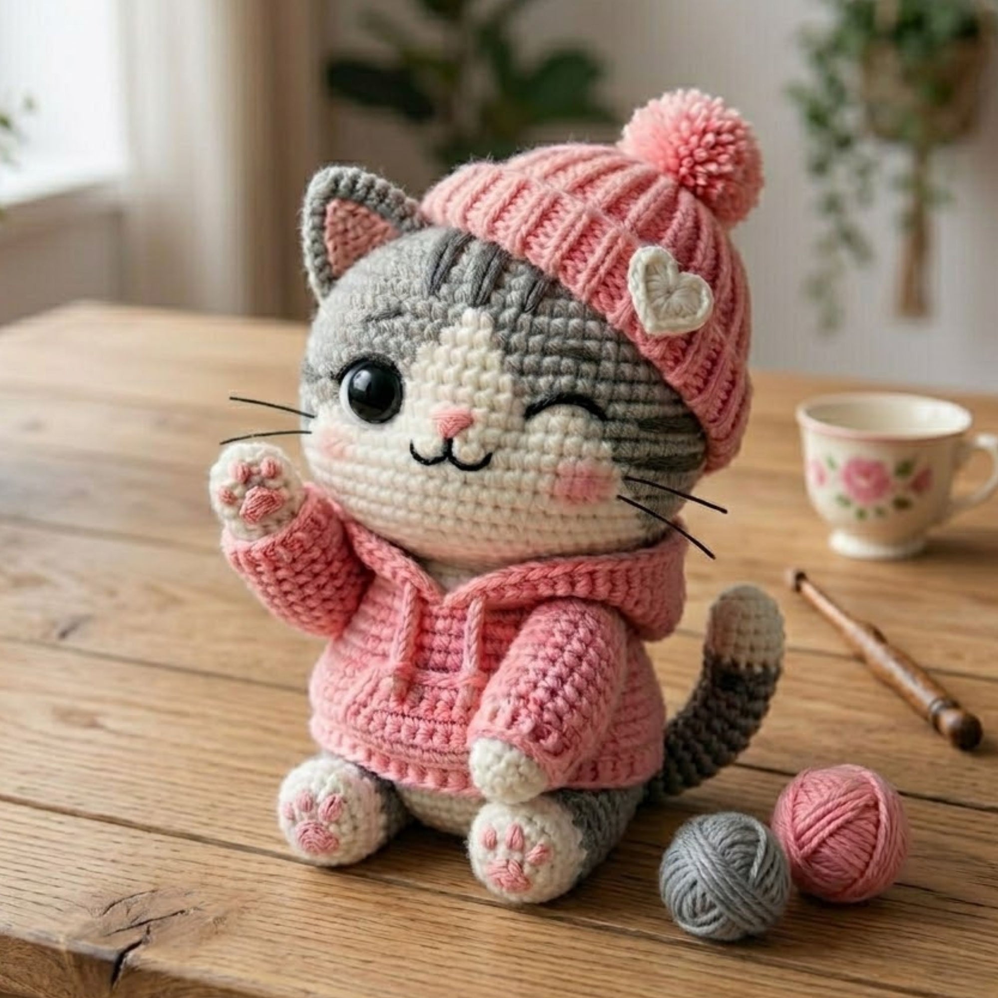 Cute Crochet Winter Cat Plush in Pink Hat and Hoodie, Kawaii Amigurumi Kitty Doll, Handmade Nursery Decor Gift, Cozy Soft Plush Sizes 4-12in
