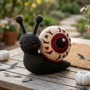 Cute Crochet Eyeball Snail Plush, Gothic Amigurumi Halloween Snail Doll, Handmade Spooky Nursery Decor Gift, Oddity Soft Toy Sizes 4-12in