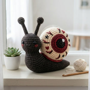 Cute Crochet Eyeball Snail Plush, Gothic Amigurumi Halloween Snail Doll, Handmade Spooky Nursery Decor Gift, Oddity Soft Toy Sizes 4-12in