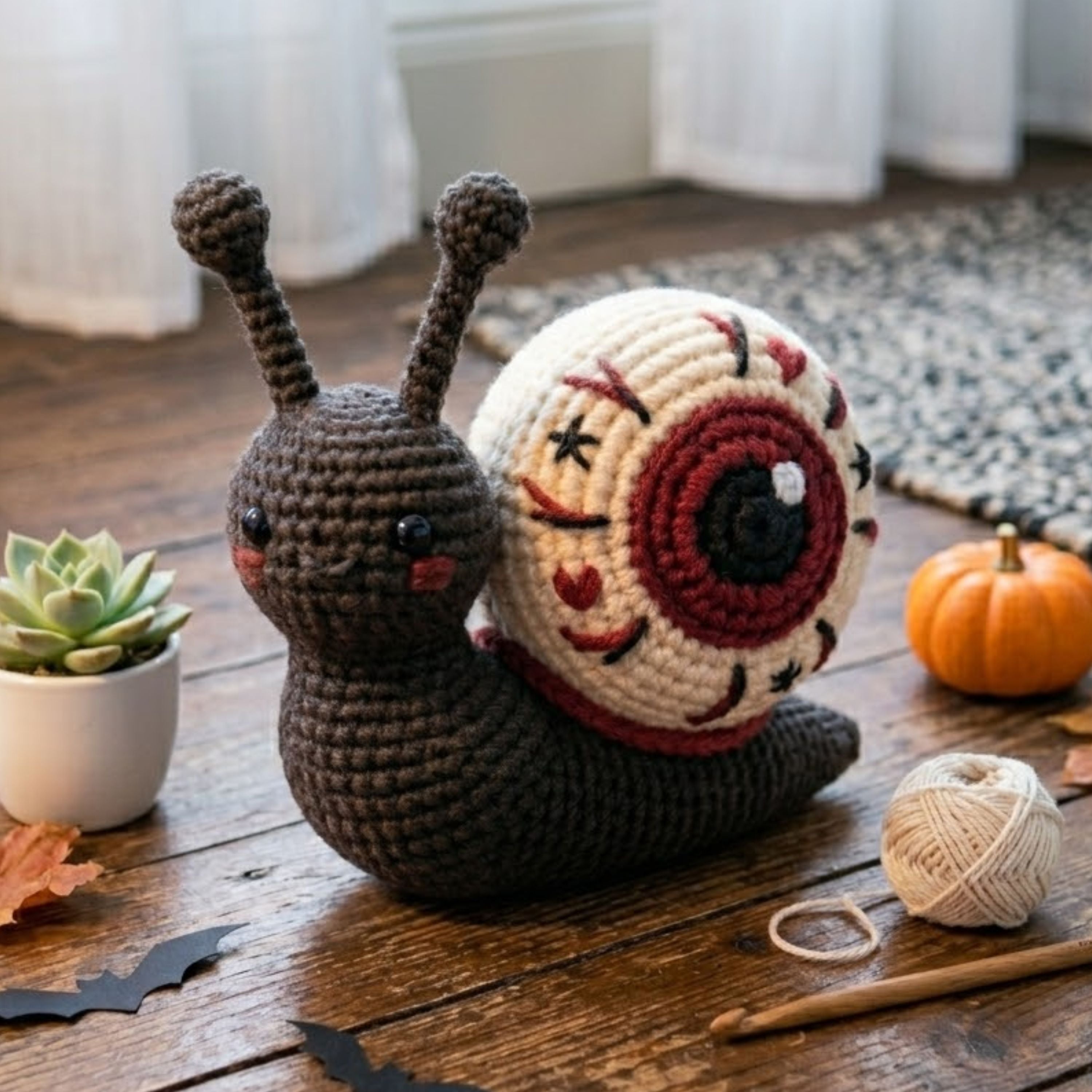 Cute Crochet Eyeball Snail Plush, Gothic Amigurumi Halloween Snail Doll, Handmade Spooky Nursery Decor Gift, Oddity Soft Toy Sizes 4-12in