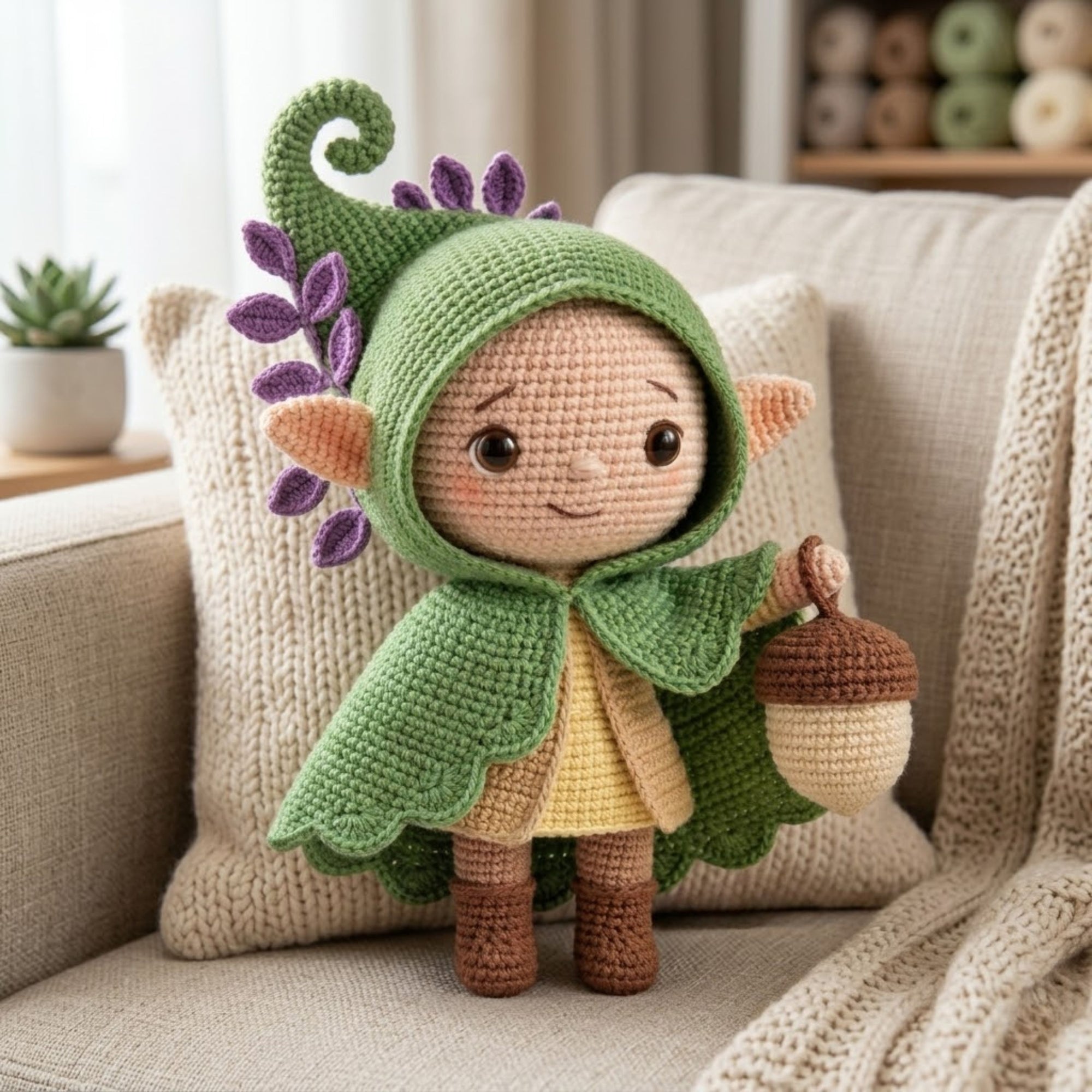 Cute Crochet Woodland Elf Plush with Acorn Bag, Kawaii Amigurumi Forest Fairy Doll, Handmade Nursery Decor Gift Sizes 4-12in