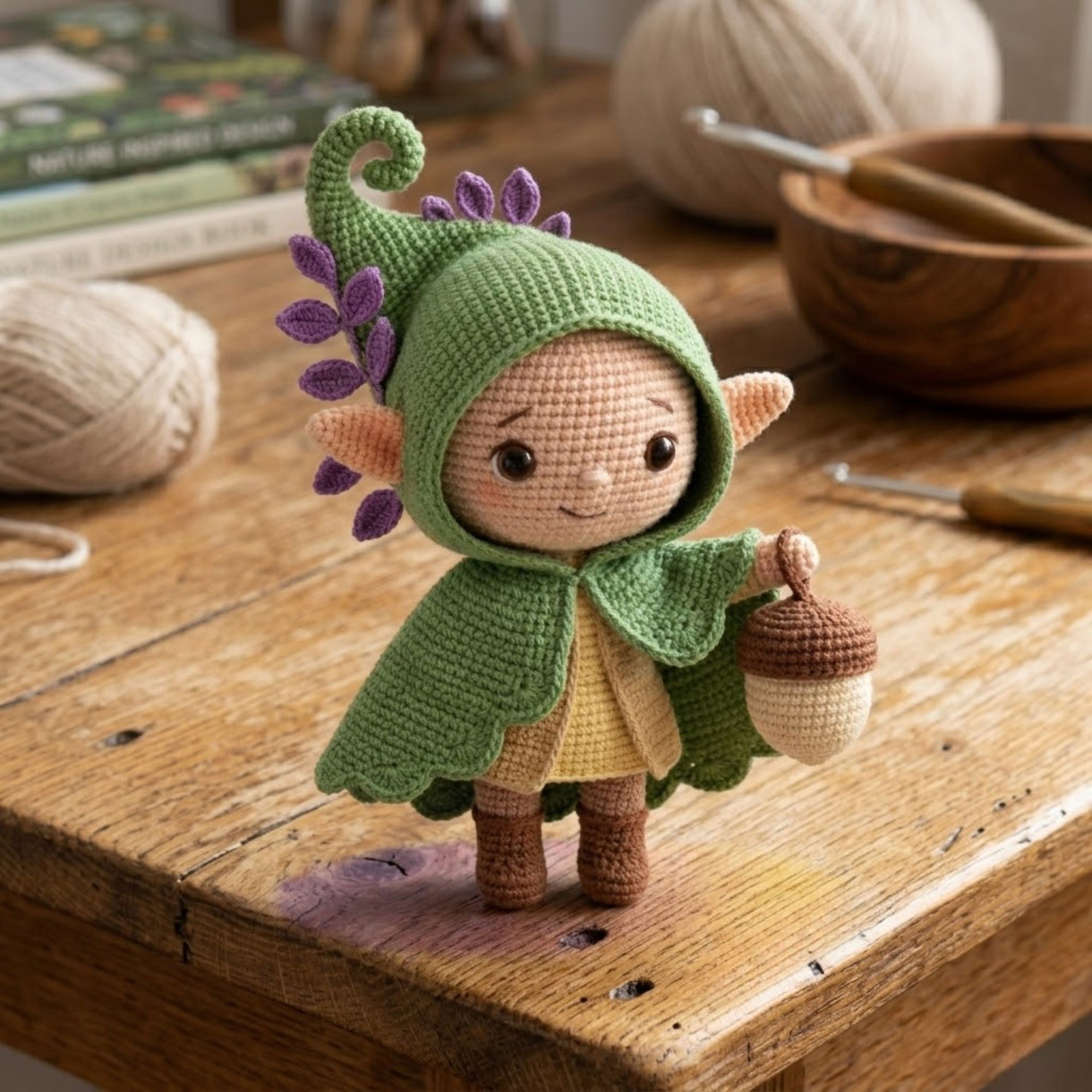 Cute Crochet Woodland Elf Plush with Acorn Bag, Kawaii Amigurumi Forest Fairy Doll, Handmade Nursery Decor Gift Sizes 4-12in