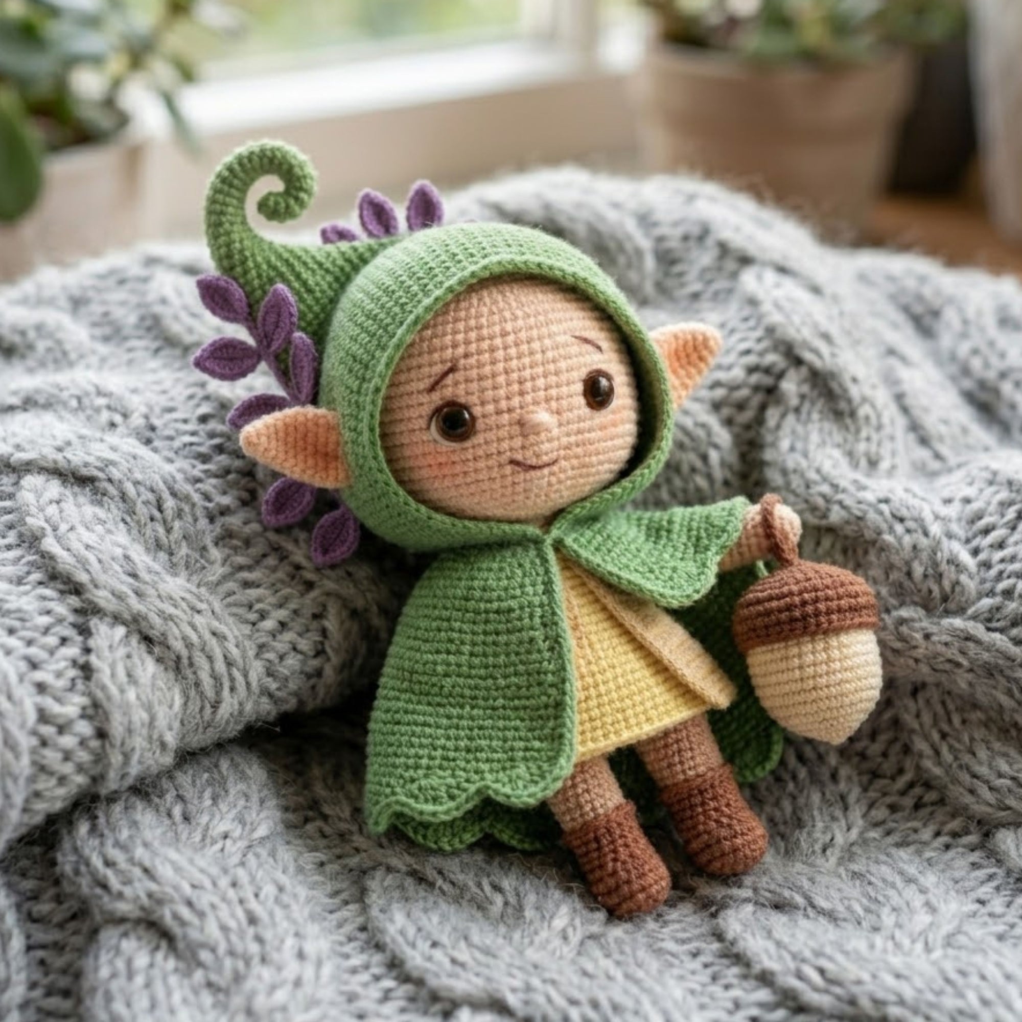 Cute Crochet Woodland Elf Plush with Acorn Bag, Kawaii Amigurumi Forest Fairy Doll, Handmade Nursery Decor Gift Sizes 4-12in