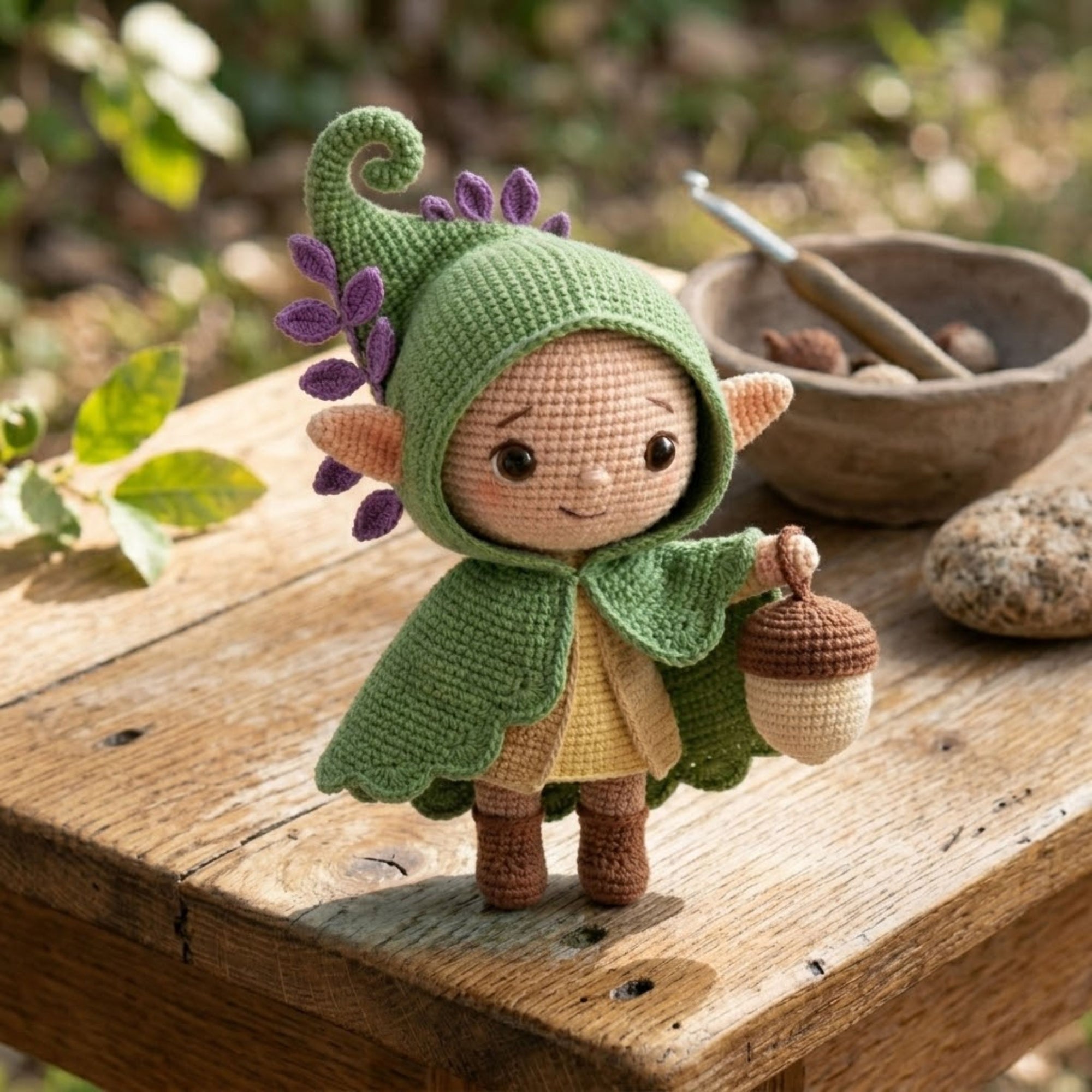 Cute Crochet Woodland Elf Plush with Acorn Bag, Kawaii Amigurumi Forest Fairy Doll, Handmade Nursery Decor Gift Sizes 4-12in