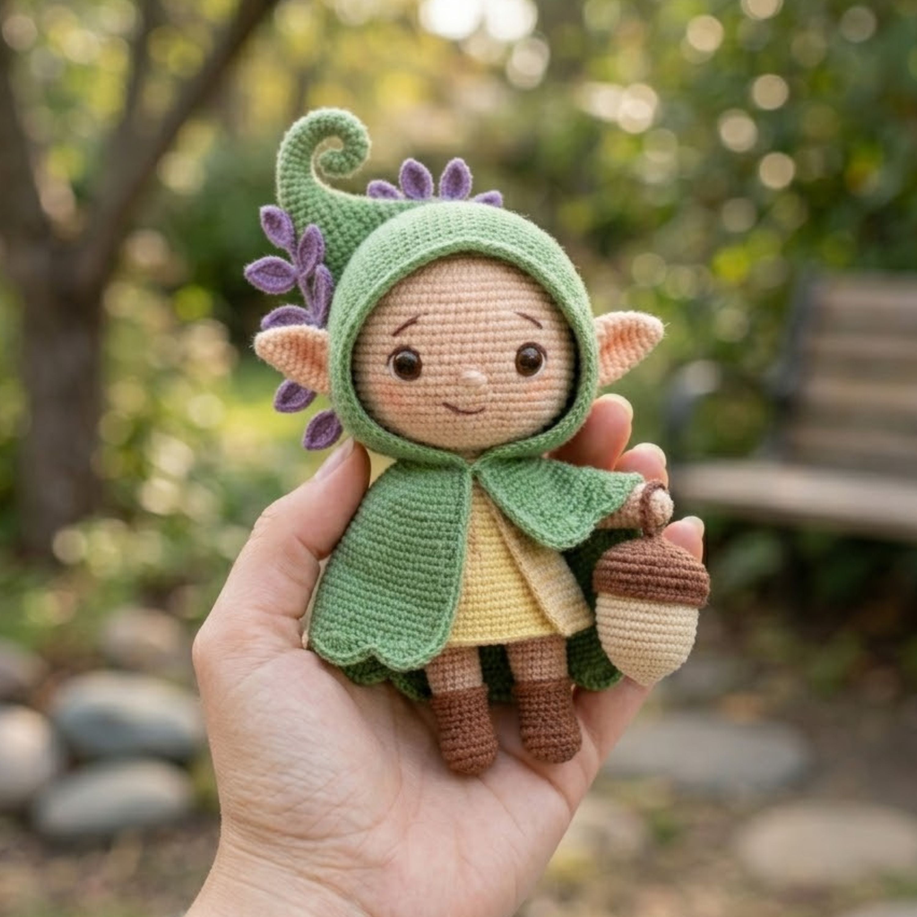 Cute Crochet Woodland Elf Plush with Acorn Bag, Kawaii Amigurumi Forest Fairy Doll, Handmade Nursery Decor Gift Sizes 4-12in