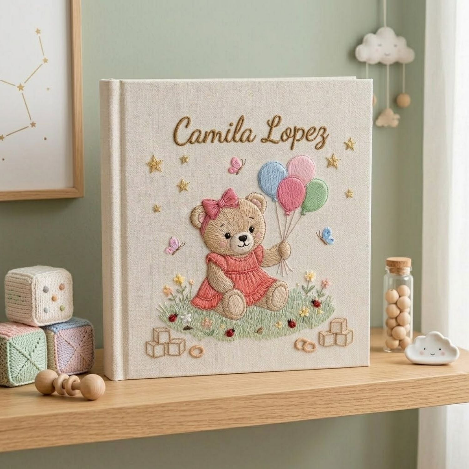 Personalized Baby Photo Album, Hand Embroidered Dinosaur Memory Book, Custom Name Keepsake, Woodland Nursery Gift, Newborn, Baby Shower Gift