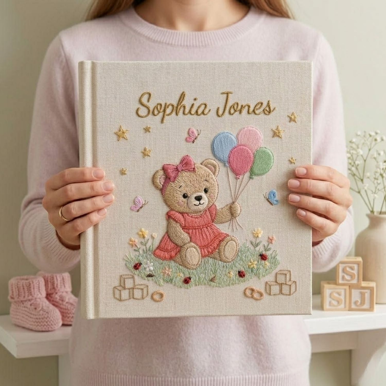 Personalized Baby Photo Album, Hand Embroidered Dinosaur Memory Book, Custom Name Keepsake, Woodland Nursery Gift, Newborn, Baby Shower Gift