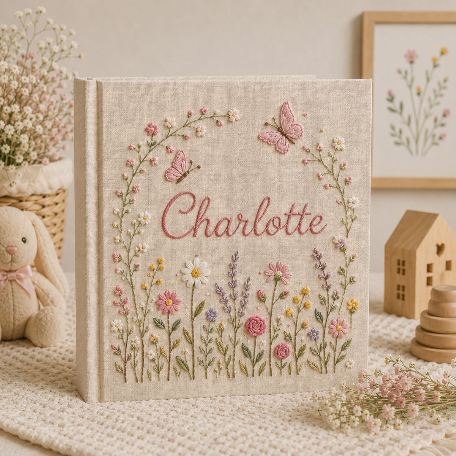 Personalized Baby Photo Album, Hand Embroidered Dinosaur Memory Book, Custom Name Keepsake, Woodland Nursery Gift, Newborn, Baby Shower Gift