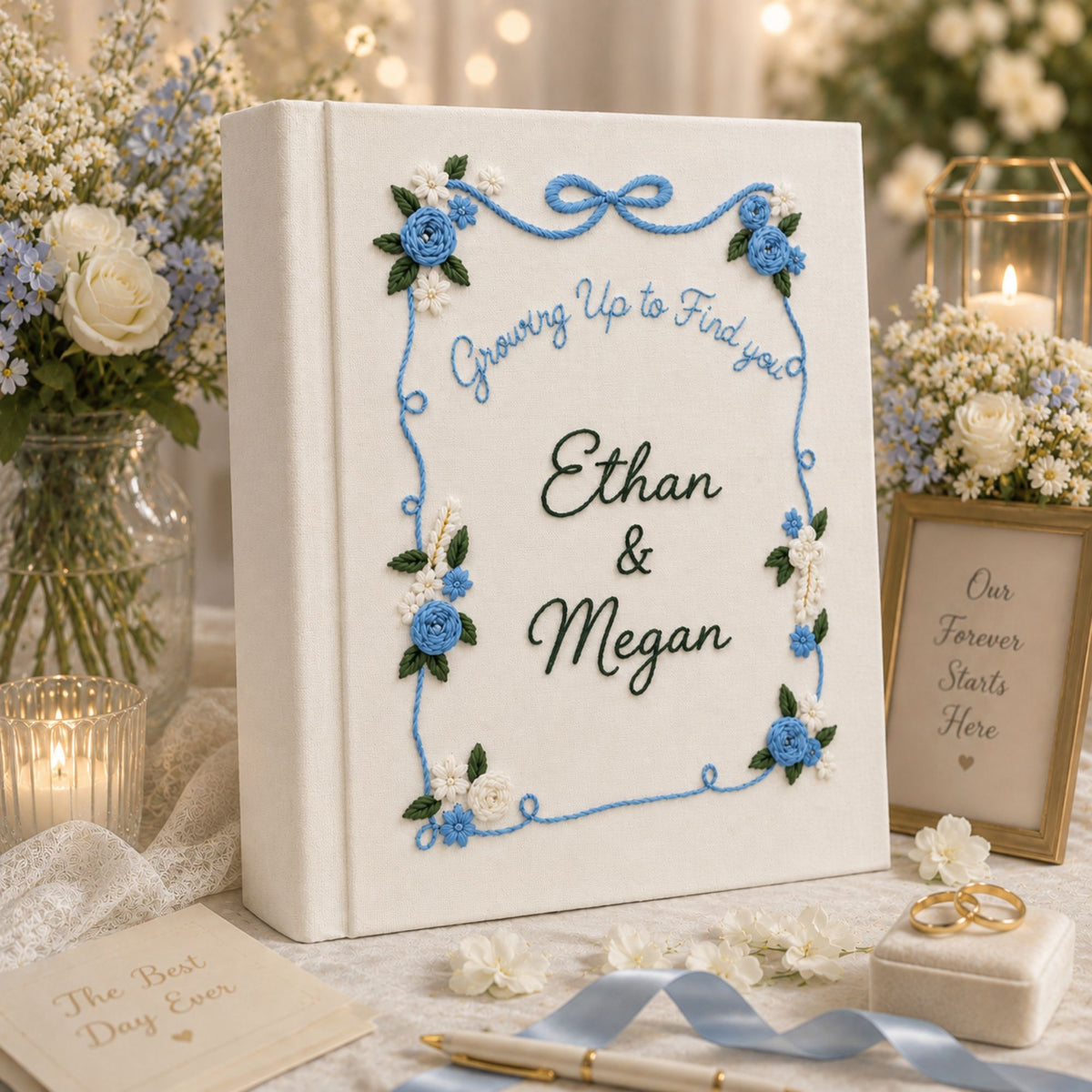 Personalized Hand Embroidered Wedding Photo Album, Floral Embroidered Scrapbook, Anniversary Gift for Couple, Bridal Shower Gift
