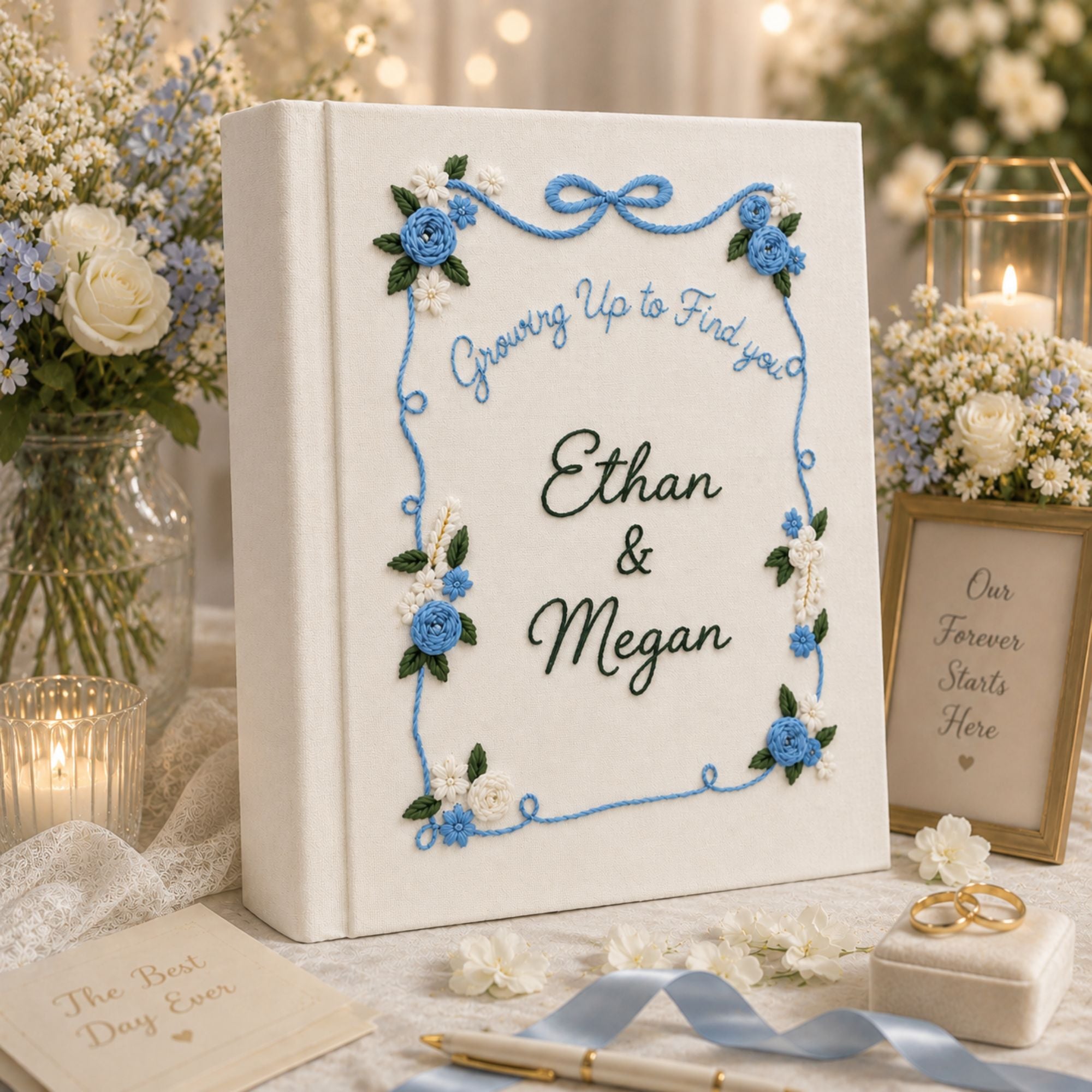 Personalized Hand Embroidered Wedding Photo Album, Floral Embroidered Scrapbook, Anniversary Gift for Couple, Bridal Shower Gift