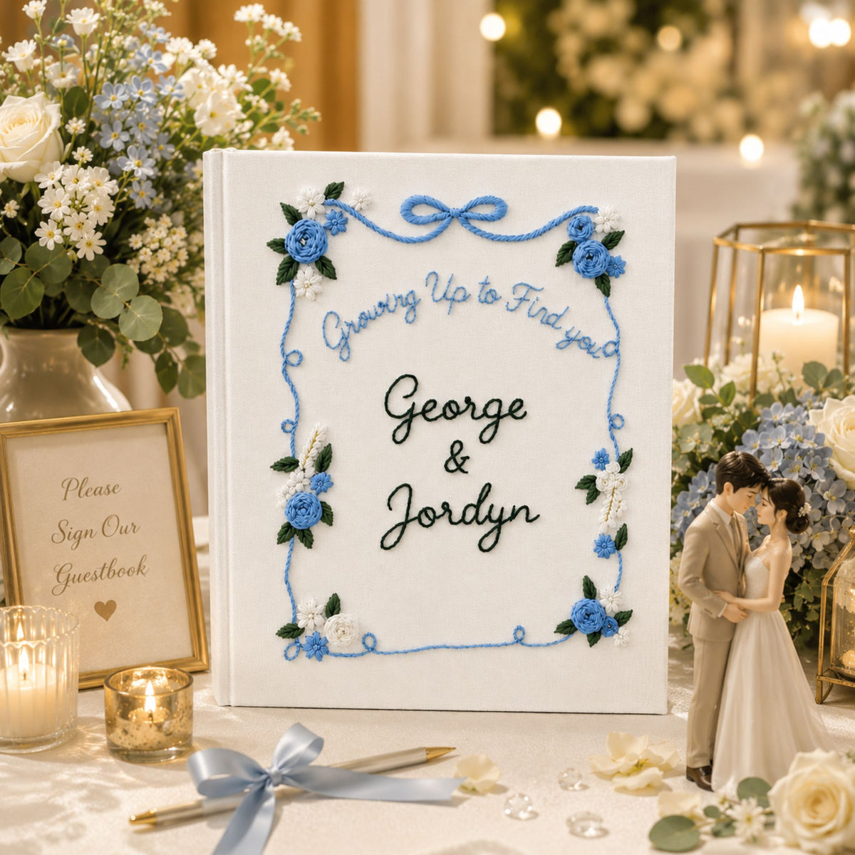 Personalized Hand Embroidered Wedding Photo Album, Floral Embroidered Scrapbook, Anniversary Gift for Couple, Bridal Shower Gift