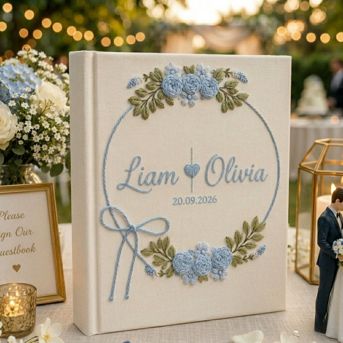 Personalized Embroidered Wedding Photo Album, Custom Floral Linen Guest Book, Anniversary Scrapbook, Handmade Bridal Shower Gift for Couple