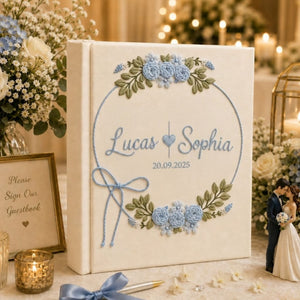 Personalized Embroidered Wedding Photo Album, Custom Floral Linen Guest Book, Anniversary Scrapbook, Handmade Bridal Shower Gift for Couple
