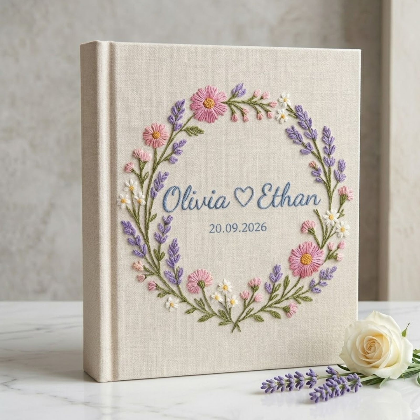 Personalized Hand Embroidered Floral Linen Wedding Photo Album, Custom Name Guest Book, Anniversary Gift for Couple, Bridal Shower Keepsake