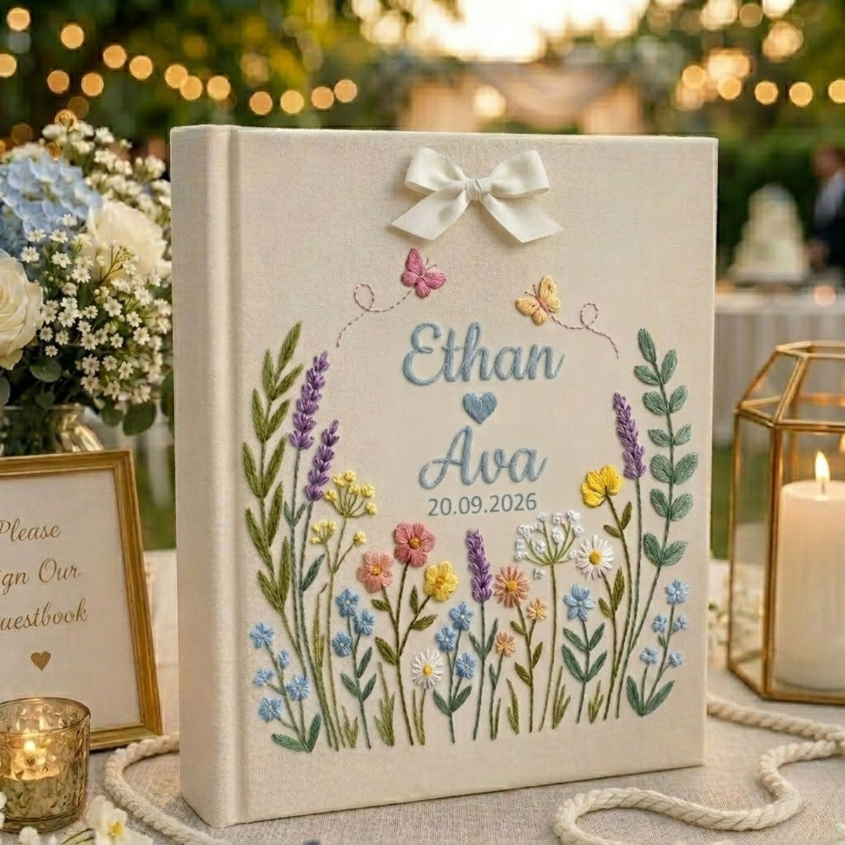 Personalized Wildflower Embroidered Wedding Photo Album, Custom Name Wedding Guest Book, Anniversary Gift for Couple, Bridal Shower Keepsake