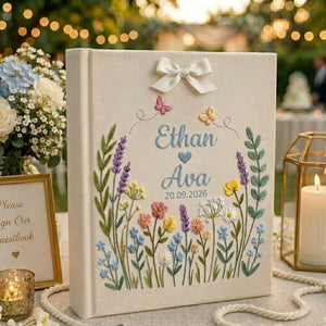 Personalized Wildflower Embroidered Wedding Photo Album, Custom Name Wedding Guest Book, Anniversary Gift for Couple, Bridal Shower Keepsake