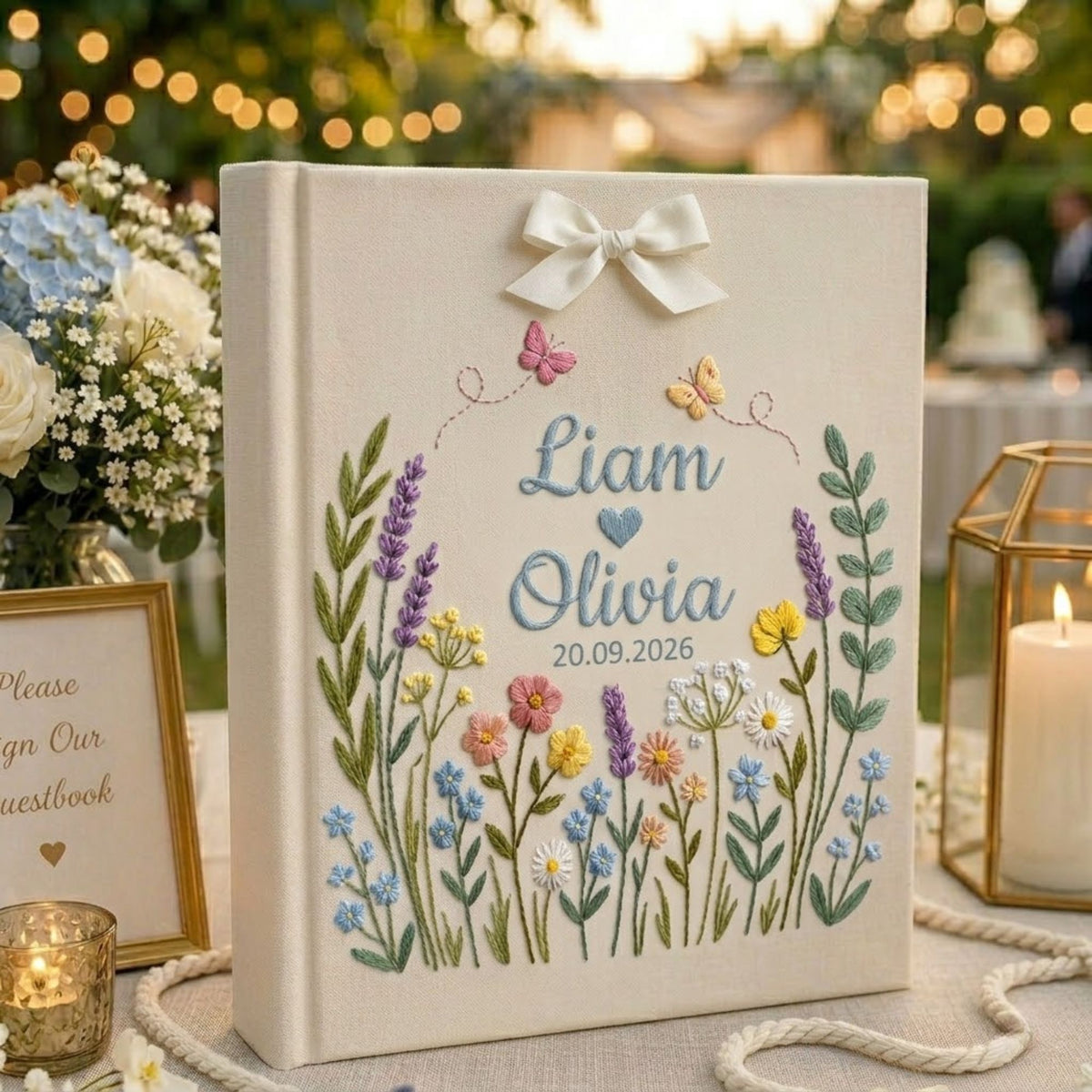 Personalized Wildflower Embroidered Wedding Photo Album, Custom Name Wedding Guest Book, Anniversary Gift for Couple, Bridal Shower Keepsake