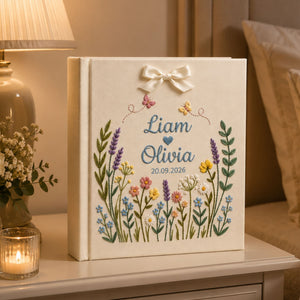 Personalized Wildflower Embroidered Wedding Photo Album, Custom Name Wedding Guest Book, Anniversary Gift for Couple, Bridal Shower Keepsake