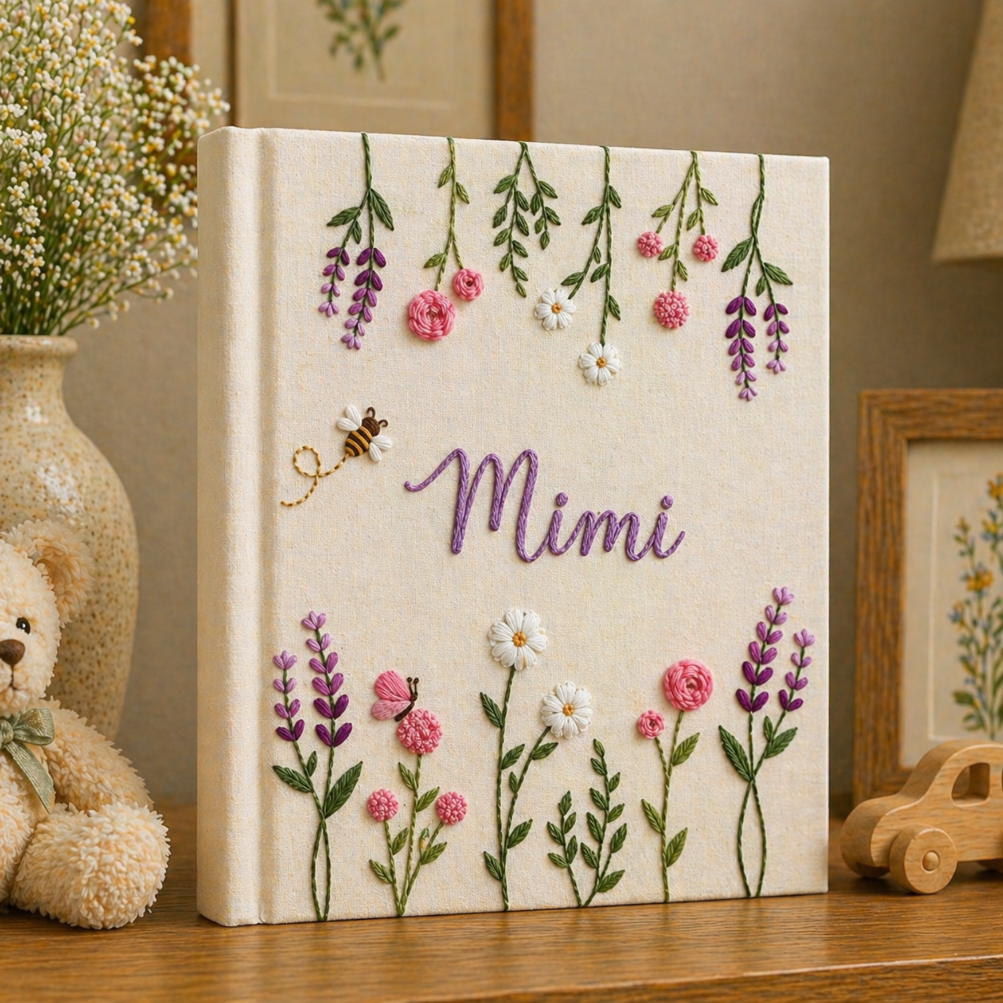 Hand Embroidered Floral Photo Album With Sleeves, Custom Floral Keepsake Book, Handmade Memory Scrapbook, Gift for Mom, Teacher, Baby Shower
