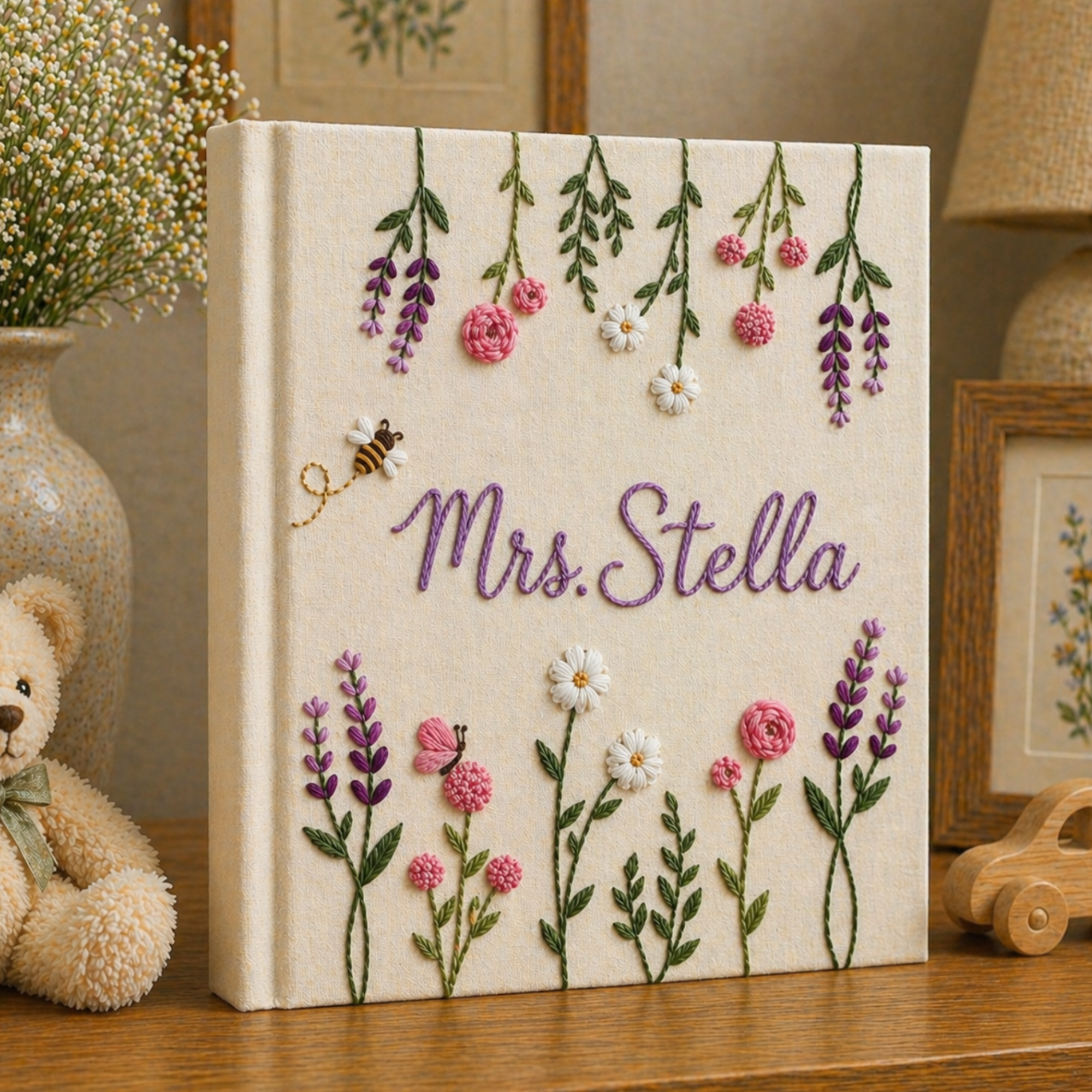 Hand Embroidered Floral Photo Album With Sleeves, Custom Floral Keepsake Book, Handmade Memory Scrapbook, Gift for Mom, Teacher, Baby Shower