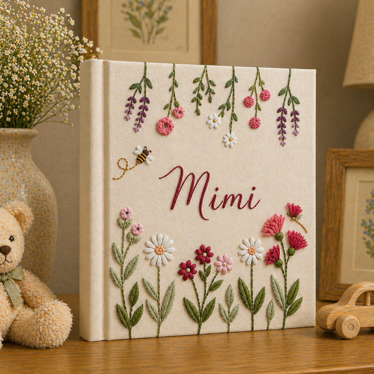 Hand Embroidered Floral Photo Album With Sleeves, Custom Floral Keepsake Book, Handmade Memory Scrapbook, Gift for Mom, Teacher, Baby Shower