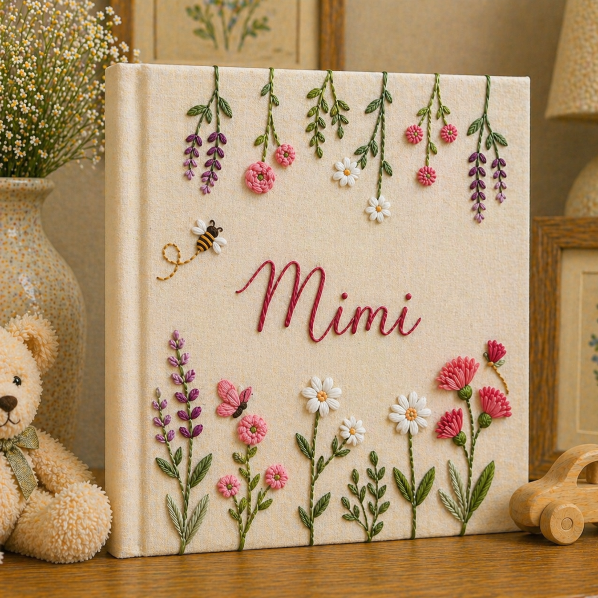 Hand Embroidered Floral Photo Album With Sleeves, Custom Floral Keepsake Book, Handmade Memory Scrapbook, Gift for Mom, Teacher, Baby Shower