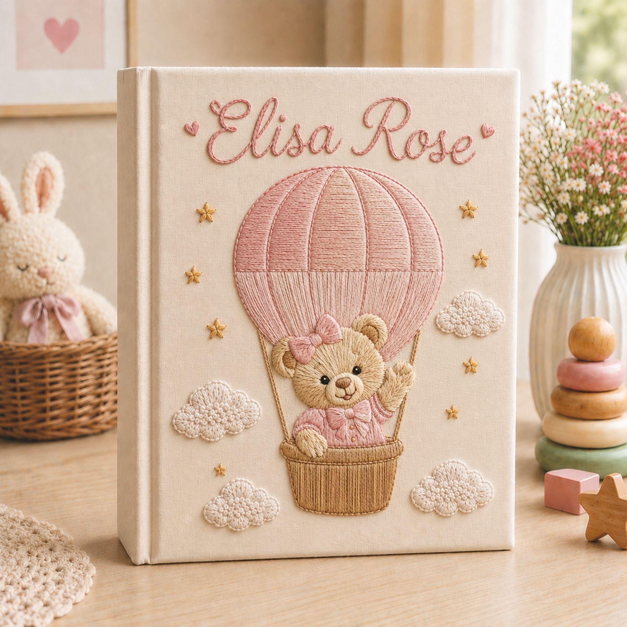 Custom Embroidered Teddy Bear Hot Air Balloon Baby Photo Album, Teddy Bear Balloon Baby Memory Book, Baby Shower Gift, Girl Nursery Album