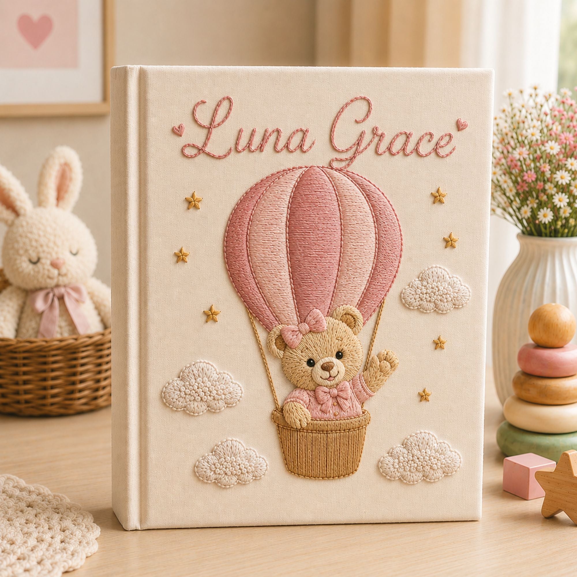 Custom Embroidered Teddy Bear Hot Air Balloon Baby Photo Album, Teddy Bear Balloon Baby Memory Book, Baby Shower Gift, Girl Nursery Album