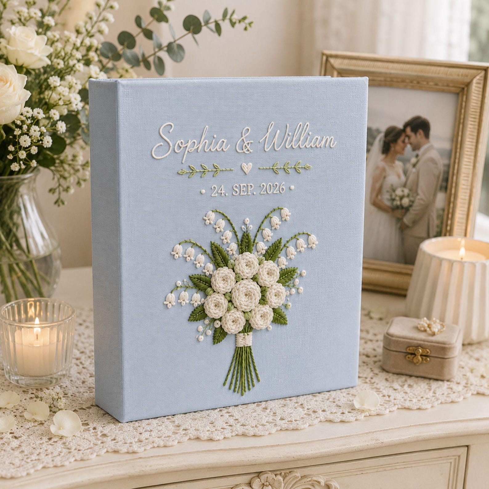 Personalized white rose bouquet hand embroidered photo album with custom names and wedding date on blue linen cover