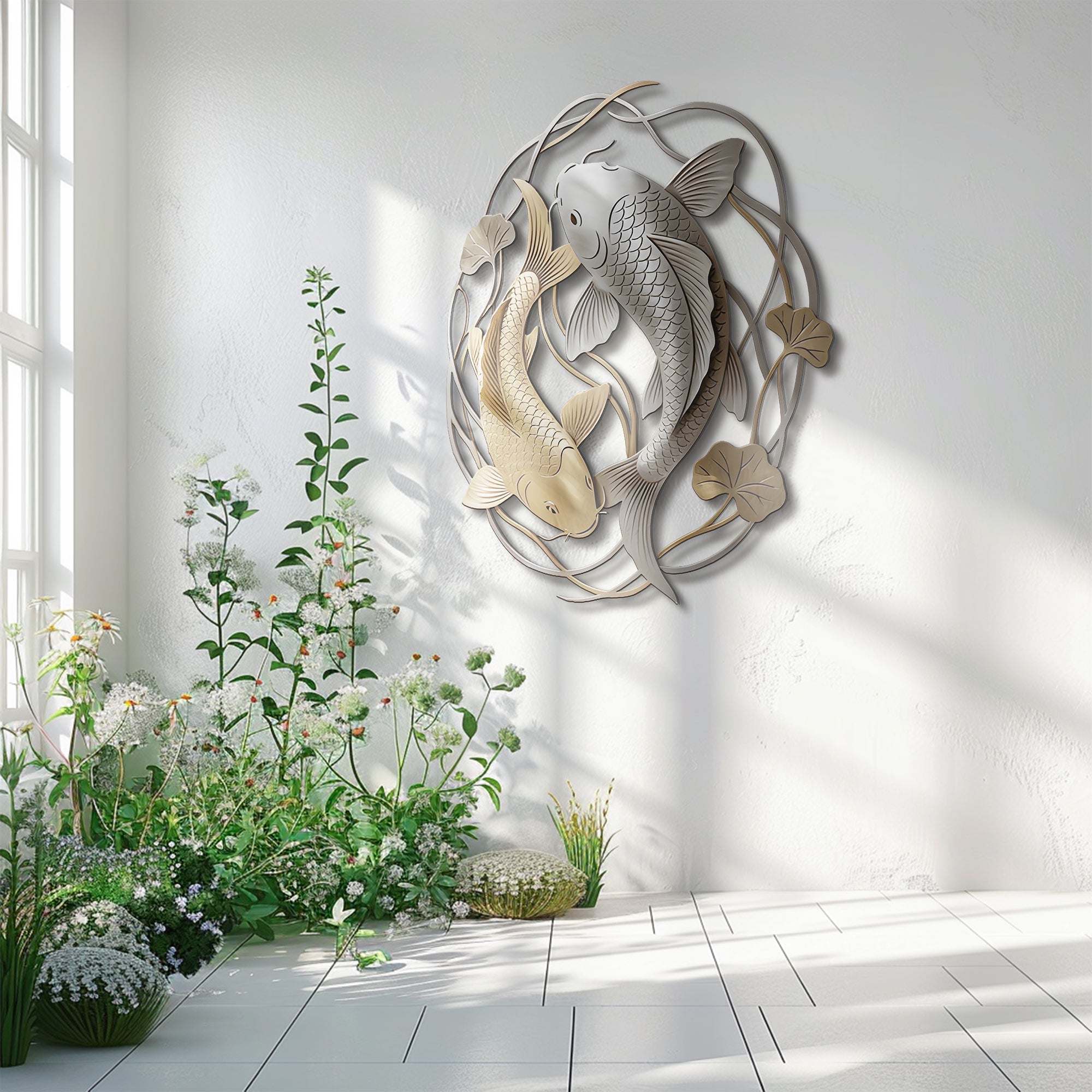 Koi Fish Wall Art – Elegant Asian Style Aluminum Wall Decor for Home