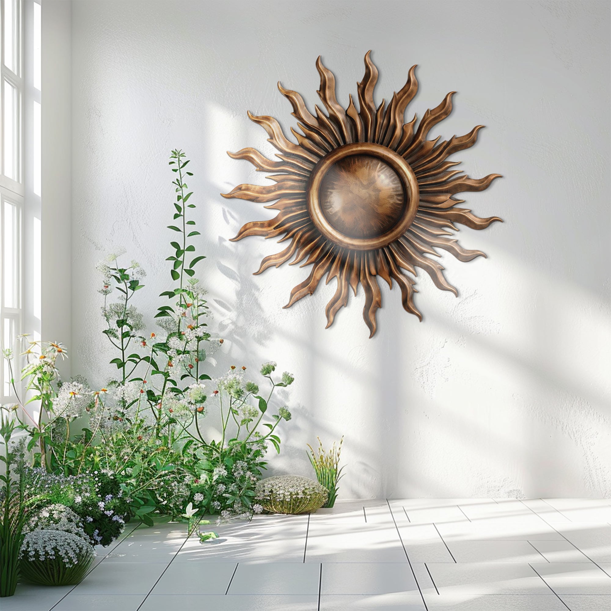 Sun Metal Wall Art – Modern Bronze Aluminum Wall Decor for Living Room