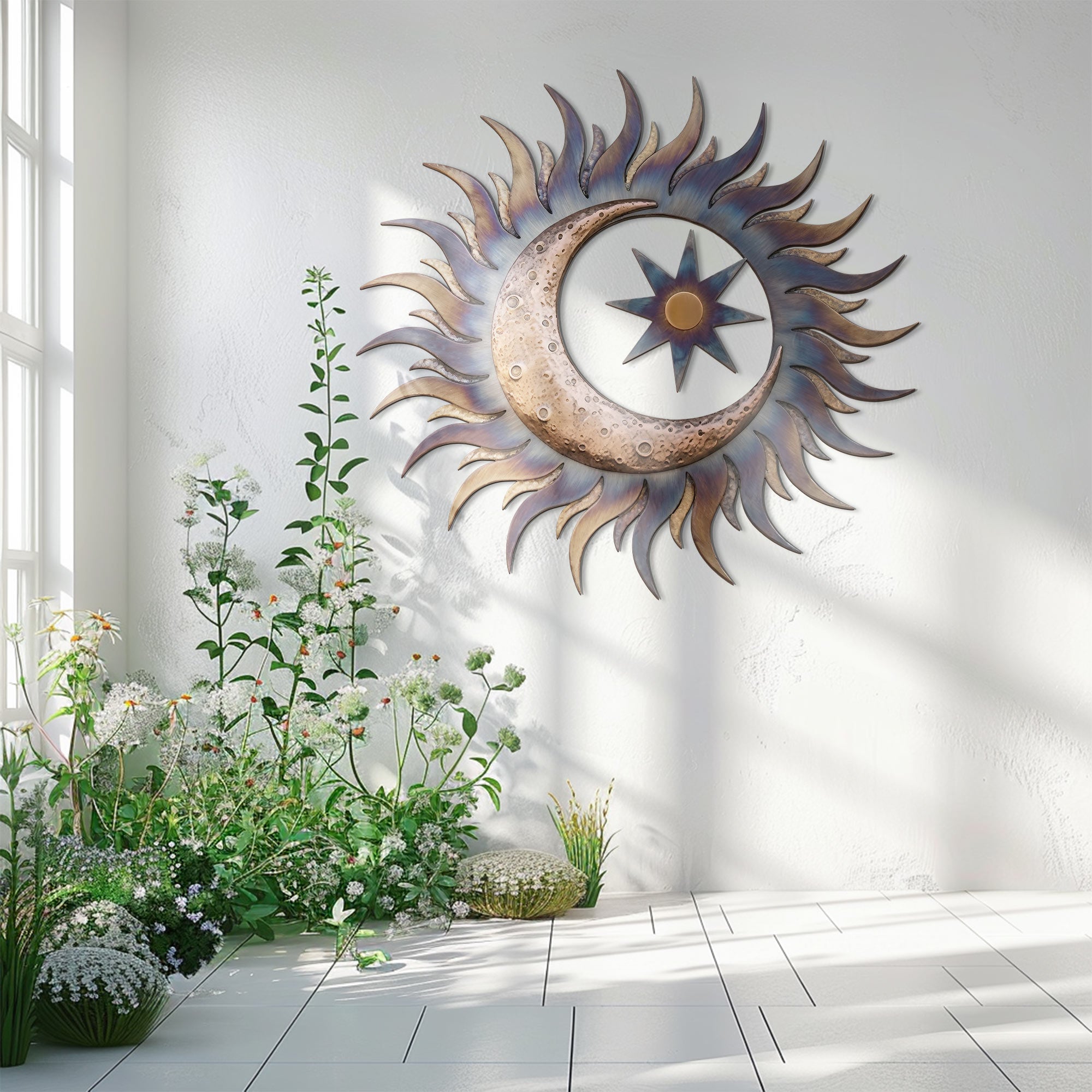 Sun Metal Wall Art – Boho UV Printed Aluminum Wall Decor for Indoor &amp; Outdoor Space