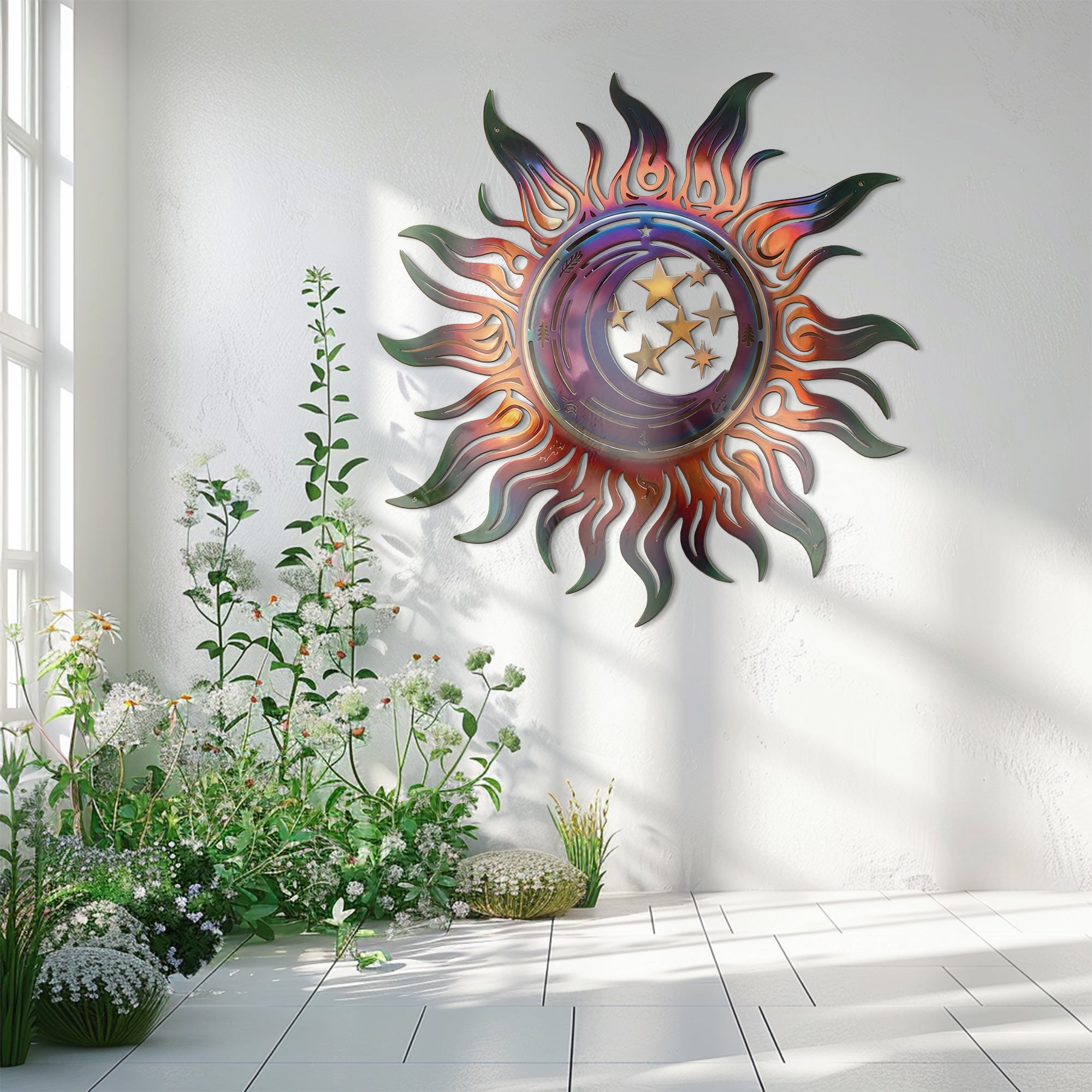 Celestial Sun Wall Art – Boho Cosmic Aluminum Metal Decor for Indoor &amp; Outdoor Home Display