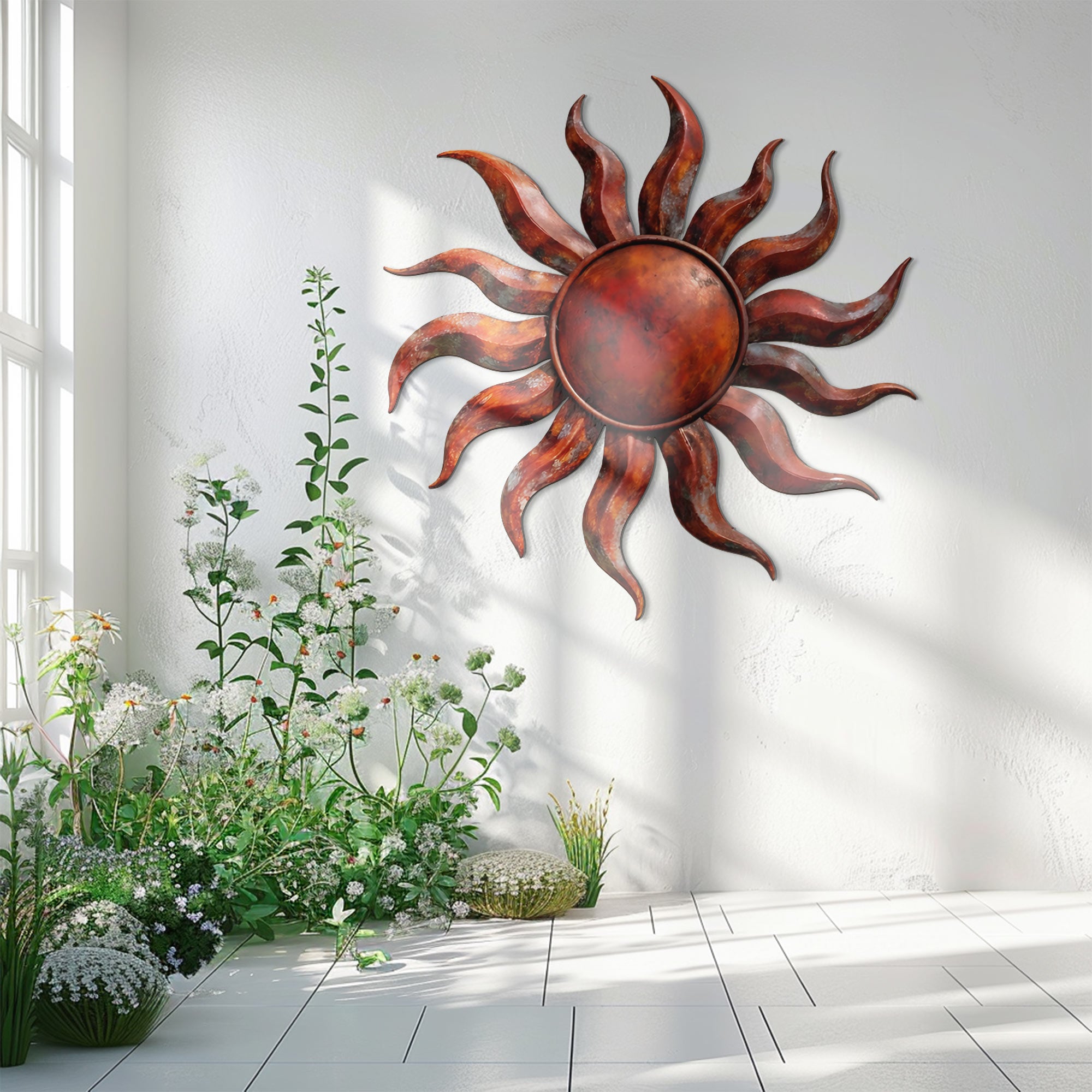 Rustic Sun Wall Art – Rustic Flame Aluminum Metal Decor for Indoor &amp; Outdoor Home Display