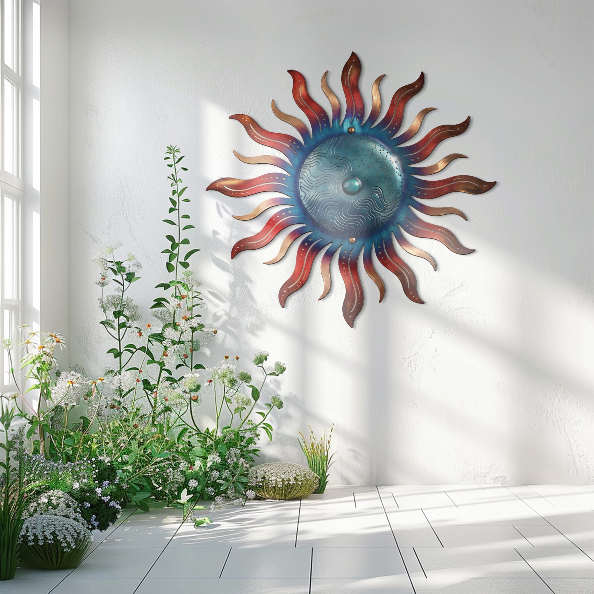 Blue Sun Wall Art – Coastal Boho Aluminum Metal Decor for Indoor &amp; Outdoor Home Spaces