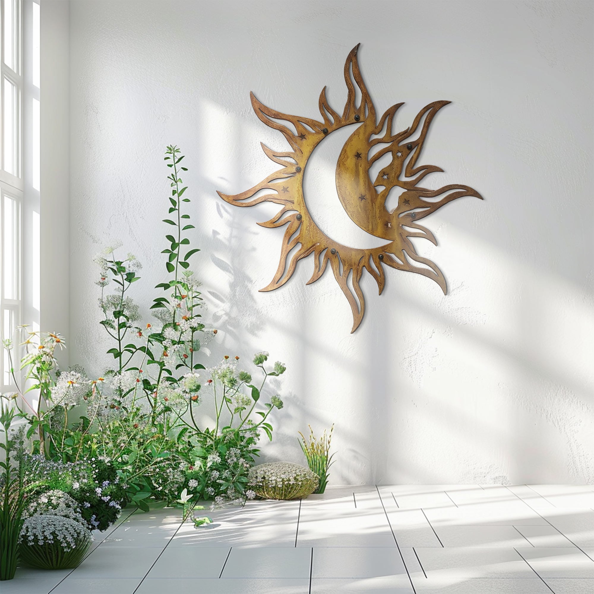 Sun Moon Wall Art – Celestial Boho Aluminum Metal Decor for Indoor &amp; Outdoor Home Spaces