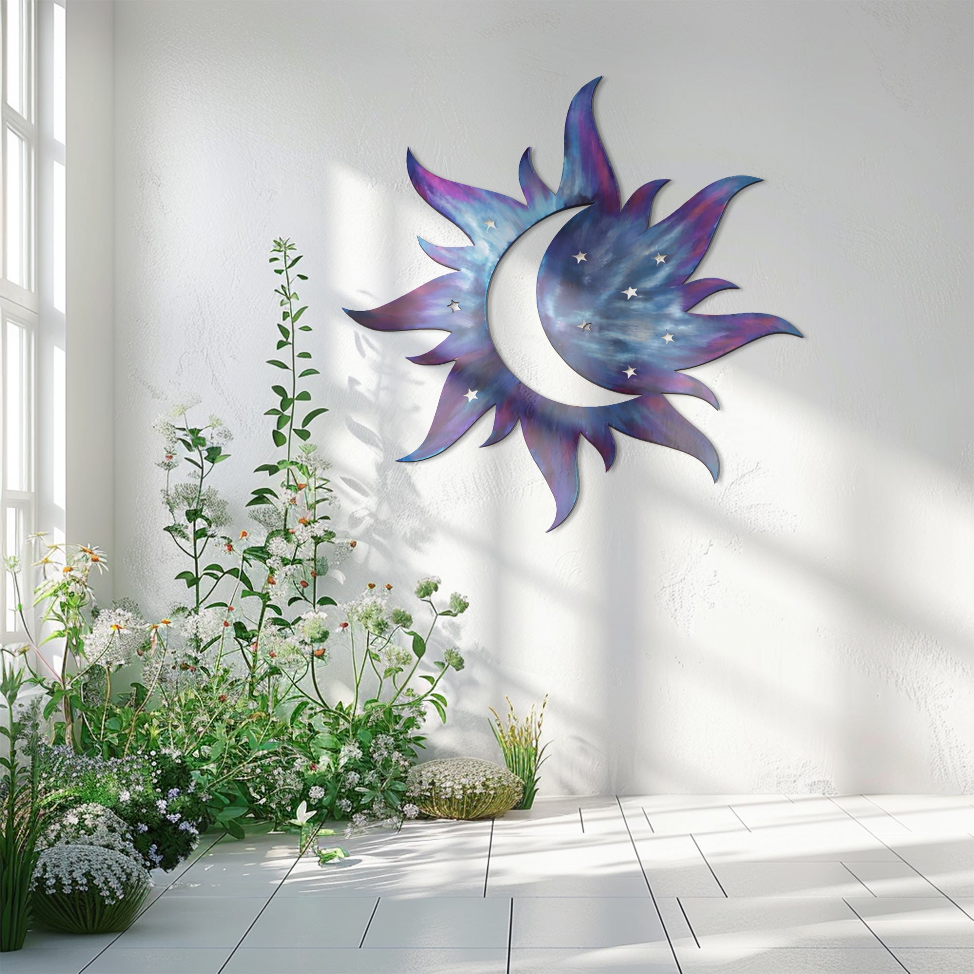 Celestial Sun Moon Wall Art – Galaxy Style UV Printed Metal Decor for Bedroom &amp; Living Room